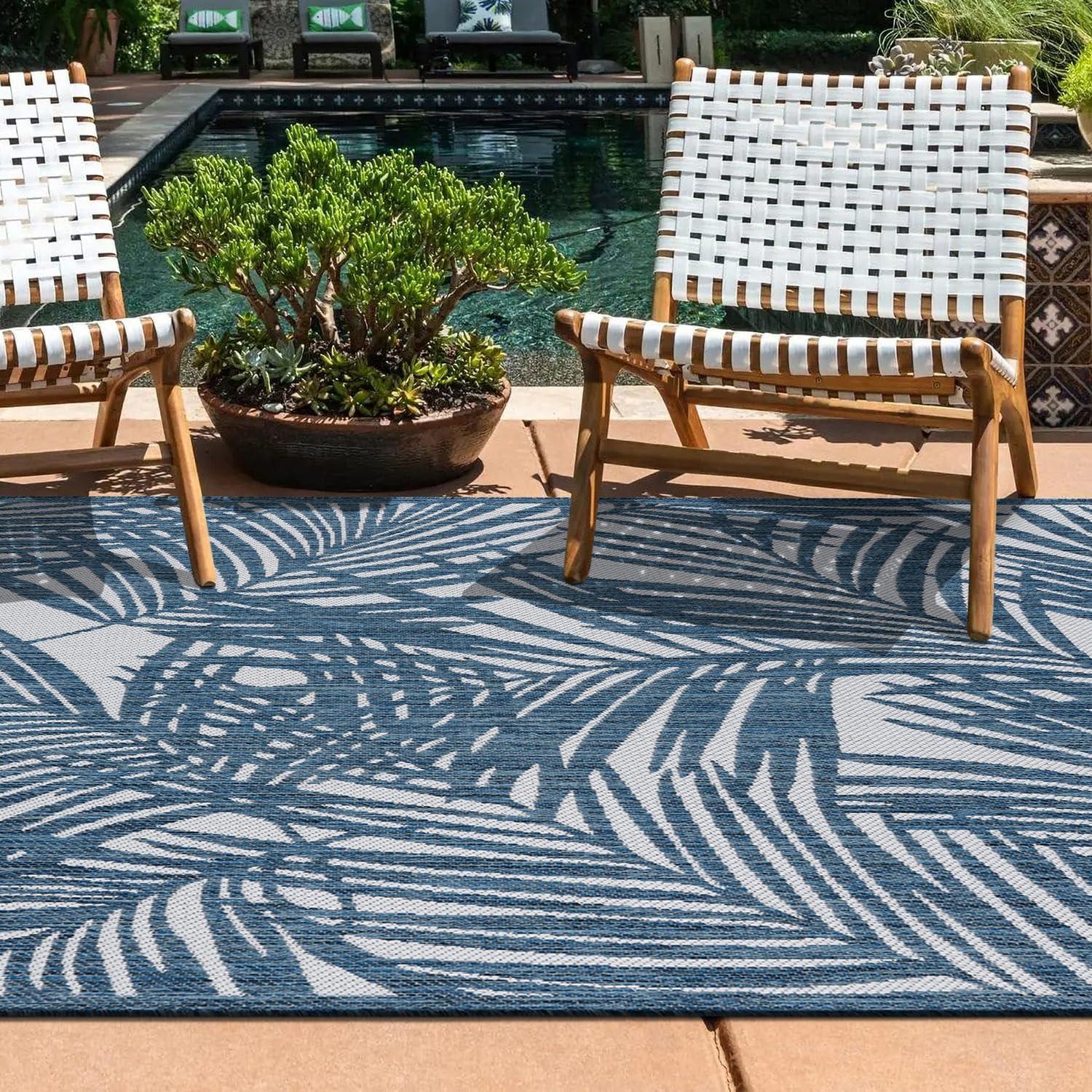 World Rug Gallery Contemporary Palm Leaf Textured Flat Weave Indoor/Outdoor Area Rug - NAVY 5' X 7'