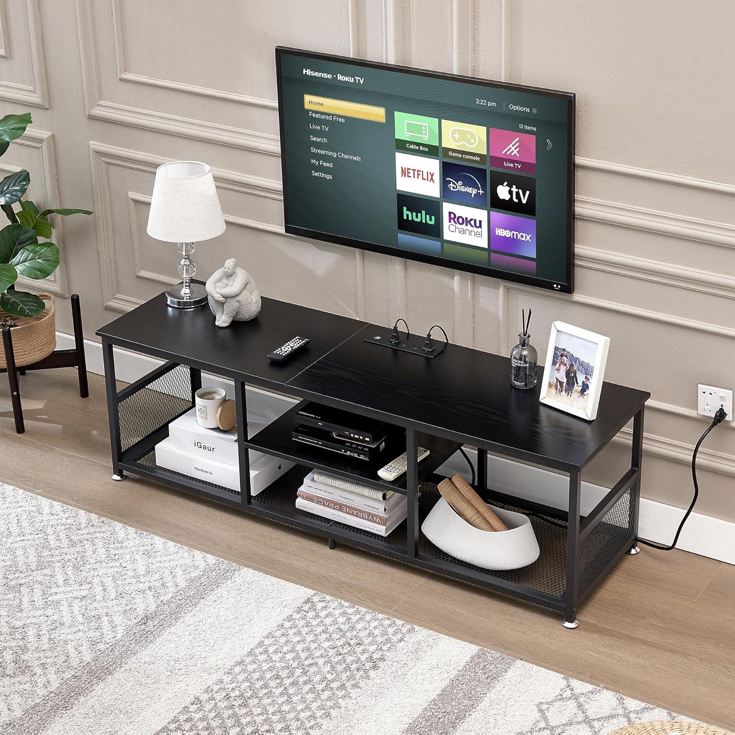 VECELO TV Stand with Power Outlets for Televisions up to 55 Inch, 47" Media Entertainment Center with Charging Station 3-Tier Open Storage Shelves with Metal Frame for Living Room/Bedroom，Black