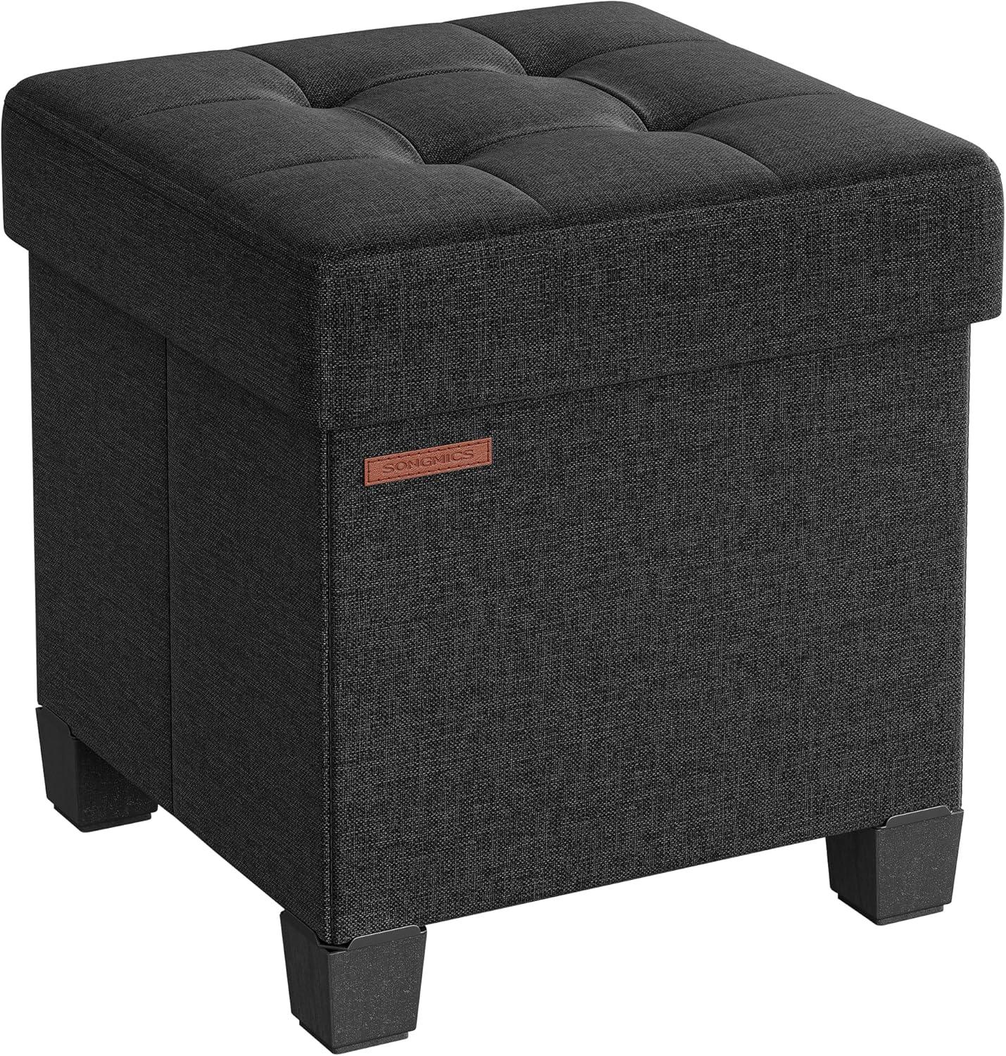 15" Black Linen Storage Ottoman with Plastic Feet