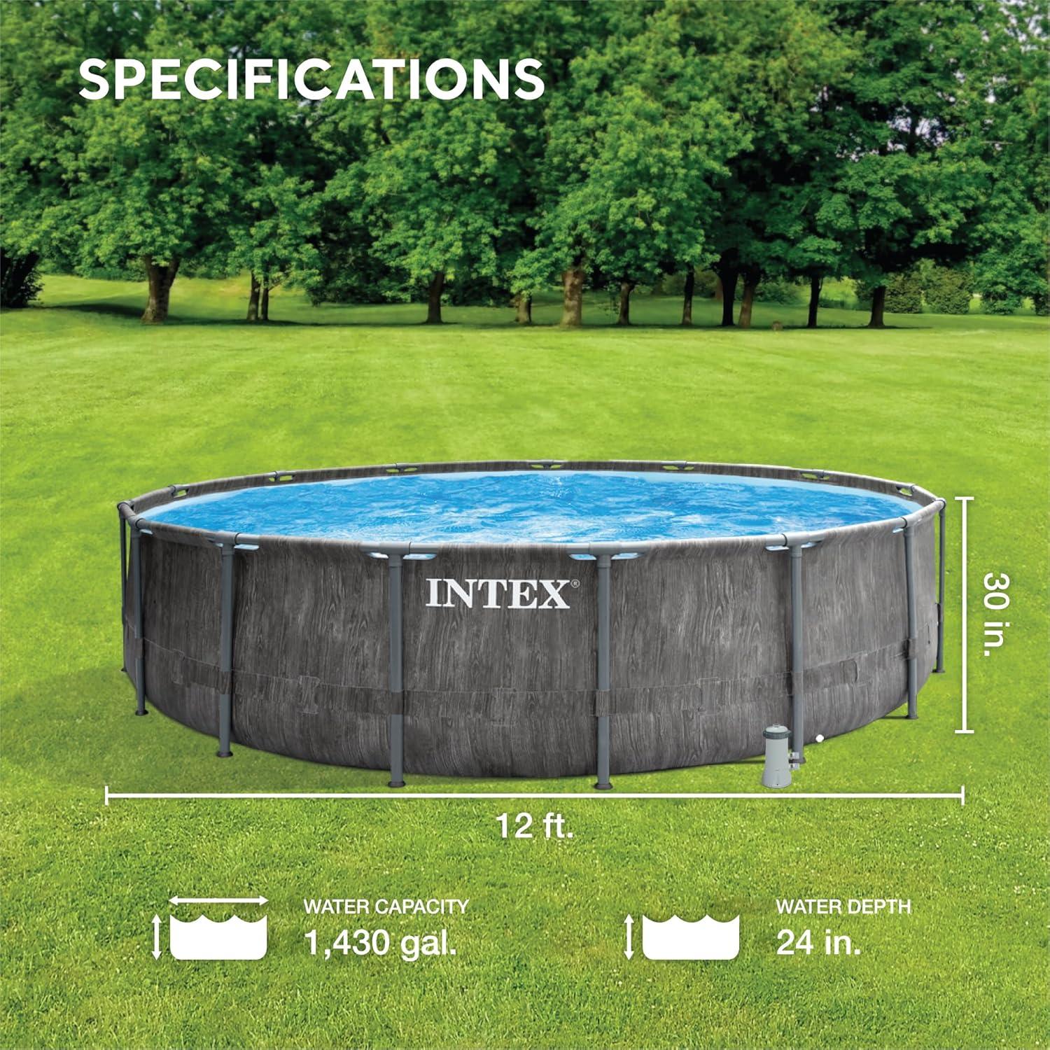 Intex Greywood Prism Frame 12 Foot x 30 Inch Round Above Ground Outdoor Swimming Pool with 530 GPH Filter Pump, Grey Woodgrain Design