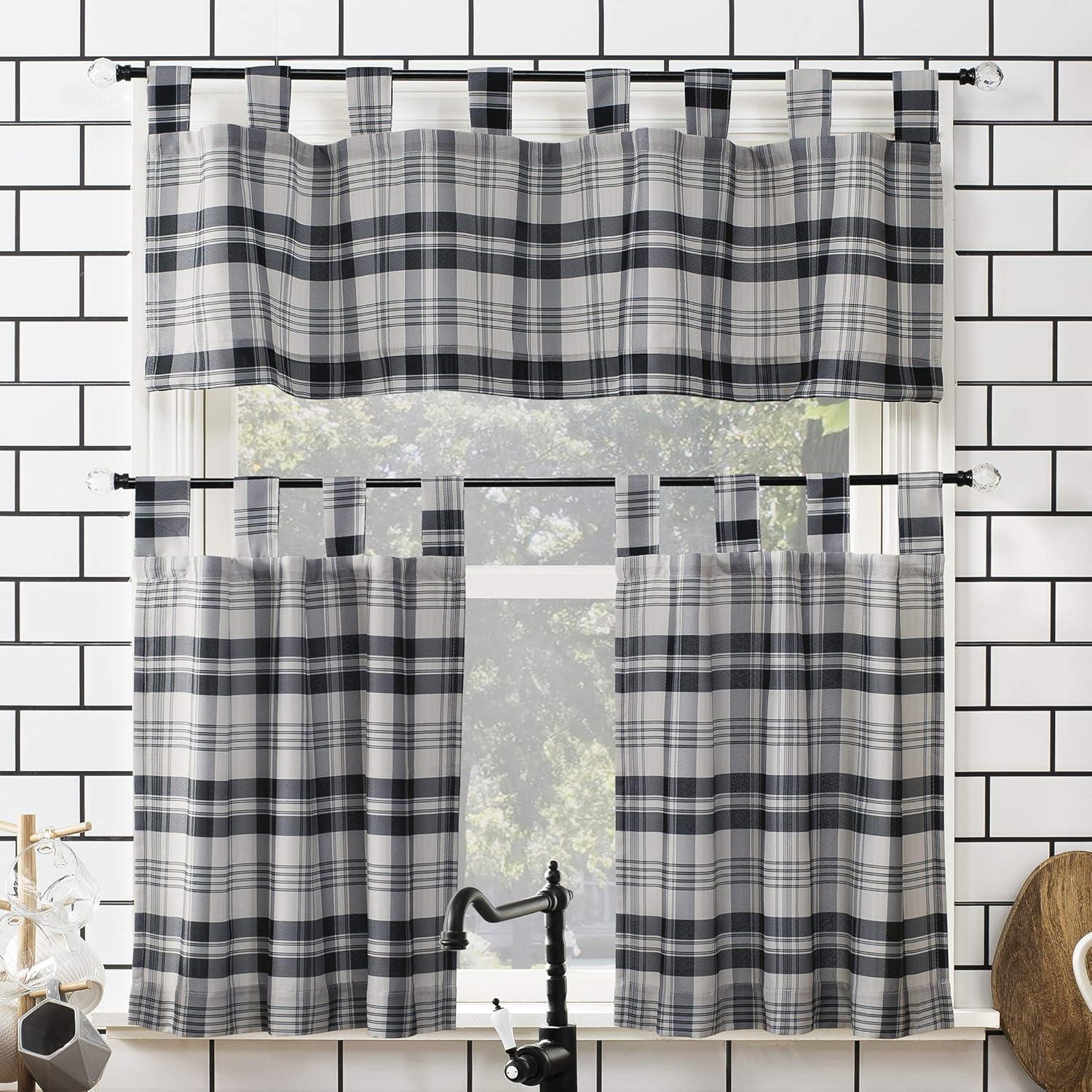 Coal Black Plaid Polyester Tab Top Kitchen Curtain Set