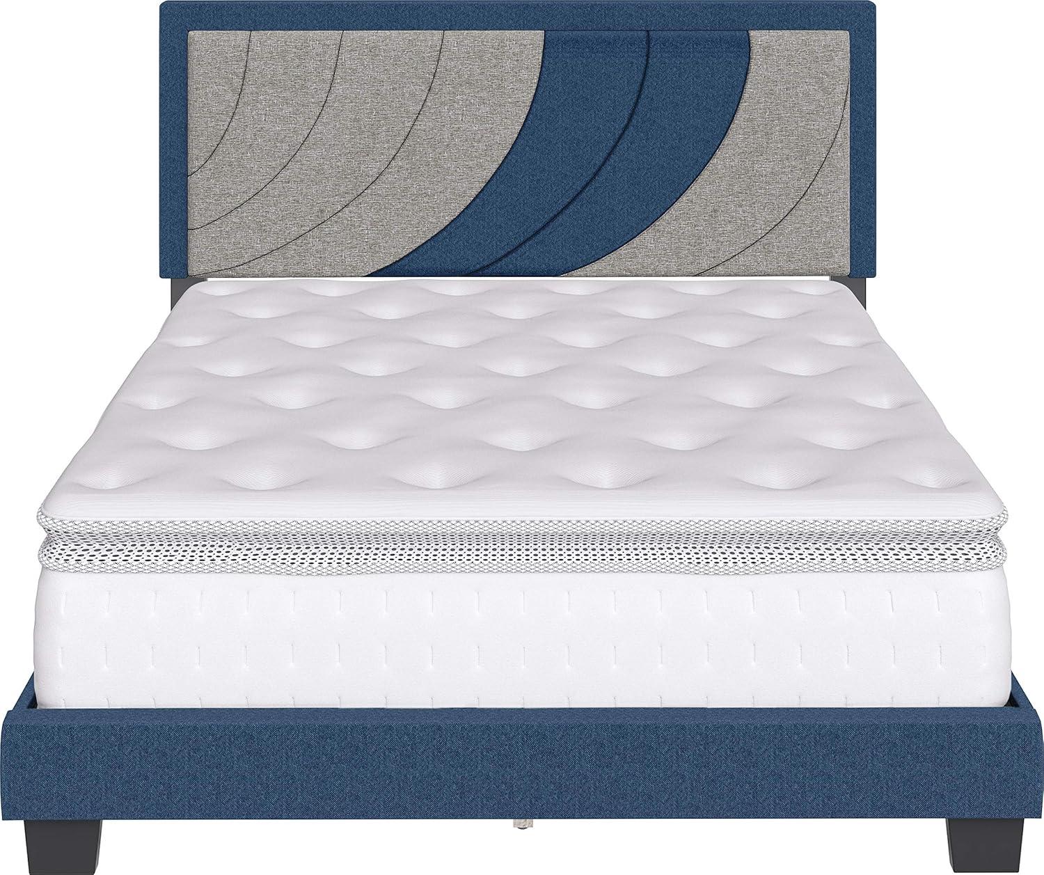 King Blue and Gray Linen Upholstered Platform Bed with Tufted Headboard