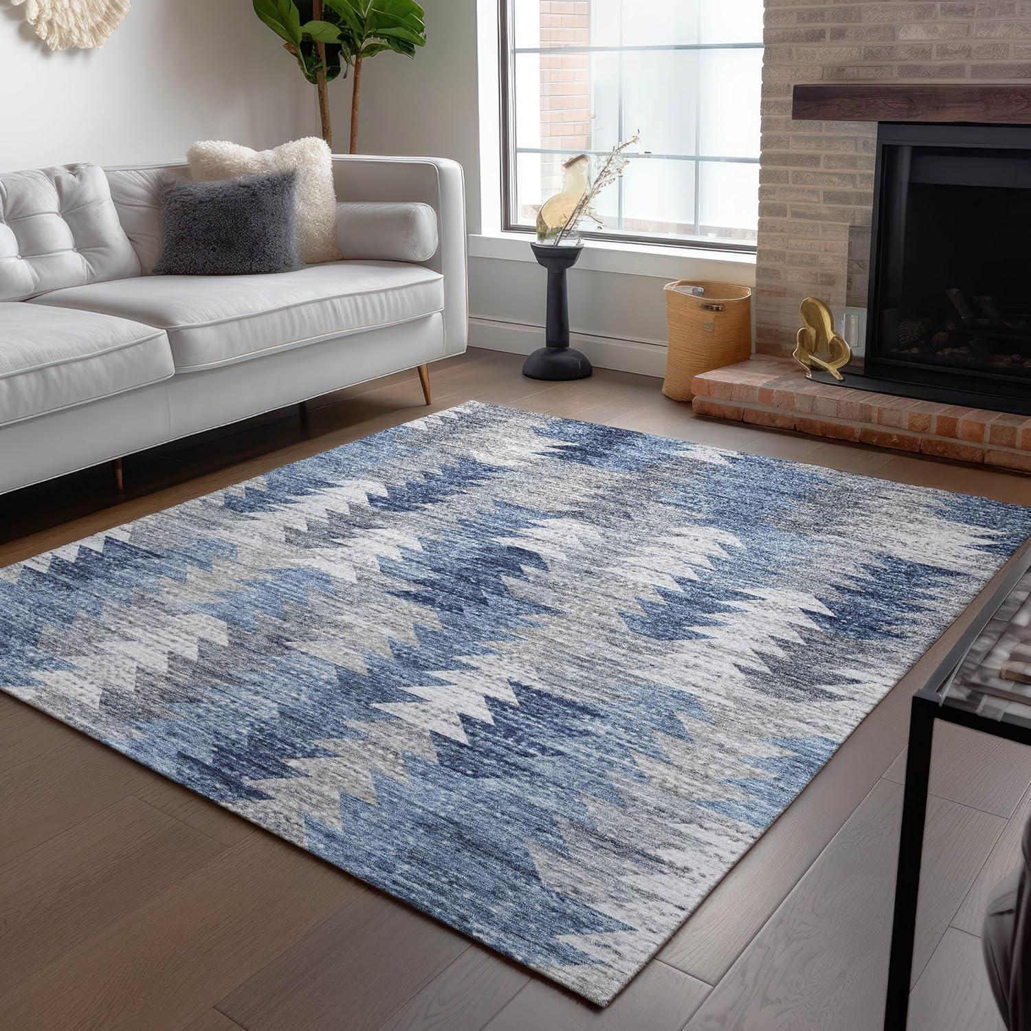 Blue and Gray Geometric Pattern Washable Rug