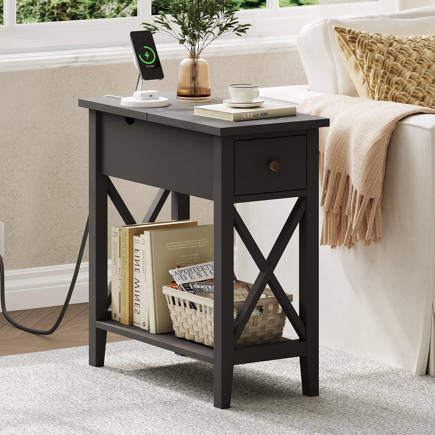 ChooChoo End Table with Charging Station, Narrow Side Table with USB Ports and Outlets, Nightstand with Drawer, for Small Spaces, Bedside Tables for Living Room Black