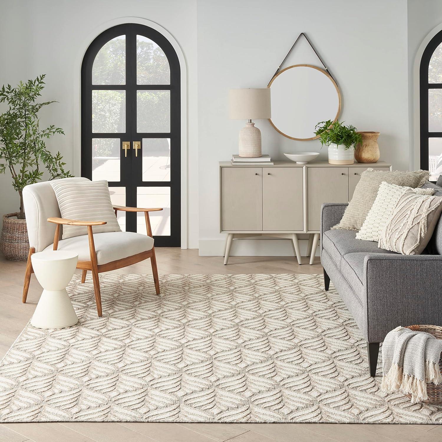 Nourison Aloha Tropical Palm Flatweave High-Low Indoor Outdoor Area Rug Ivory Grey 5'3" x 7'5"