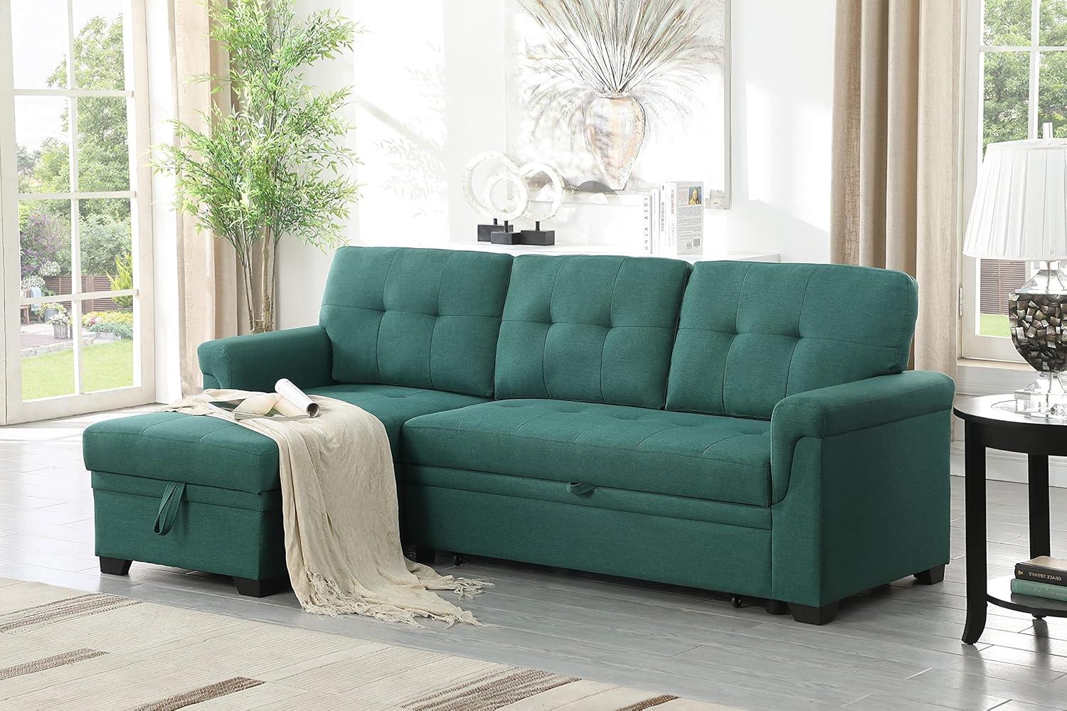 Lucca Green Linen Fabric Reversible Sleeper Sectional Sofa with Storage Chaise