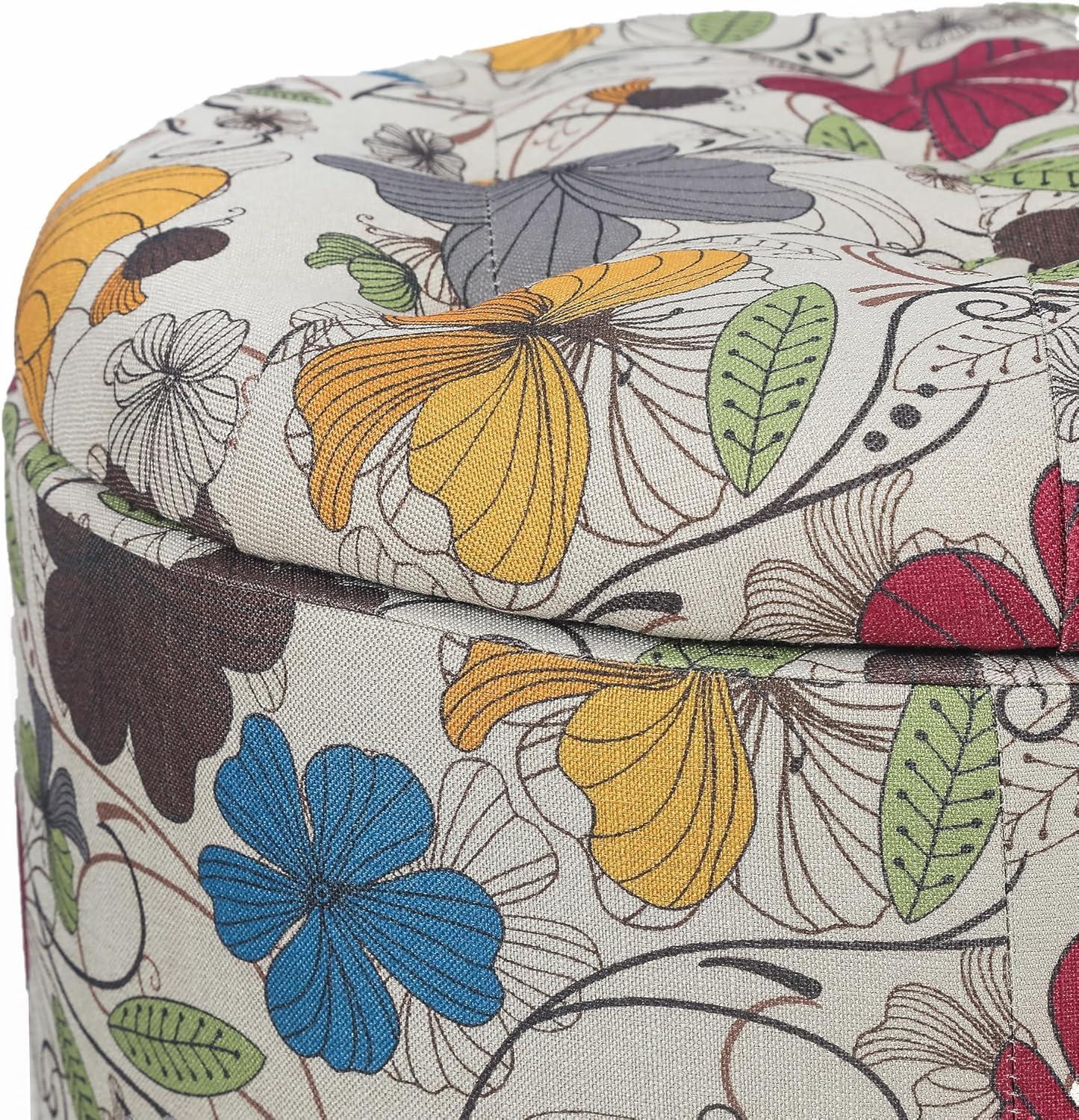 Floral Multicolor Tufted Round Storage Ottoman with Wooden Legs