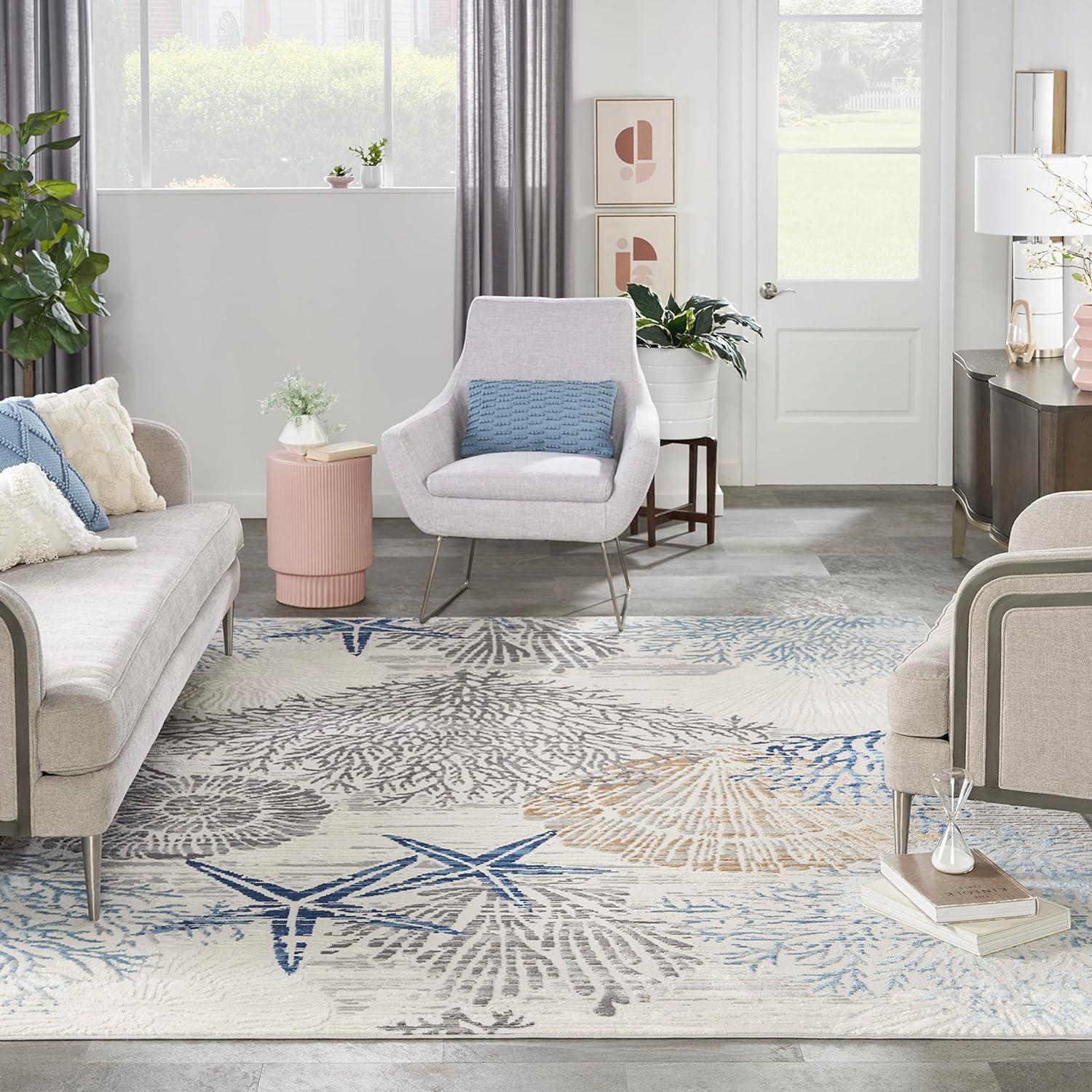 Nourison Pompeii 7'10" x 9'10" Ivory Grey Blue Coastal, Nautical & Beach Indoor Rug