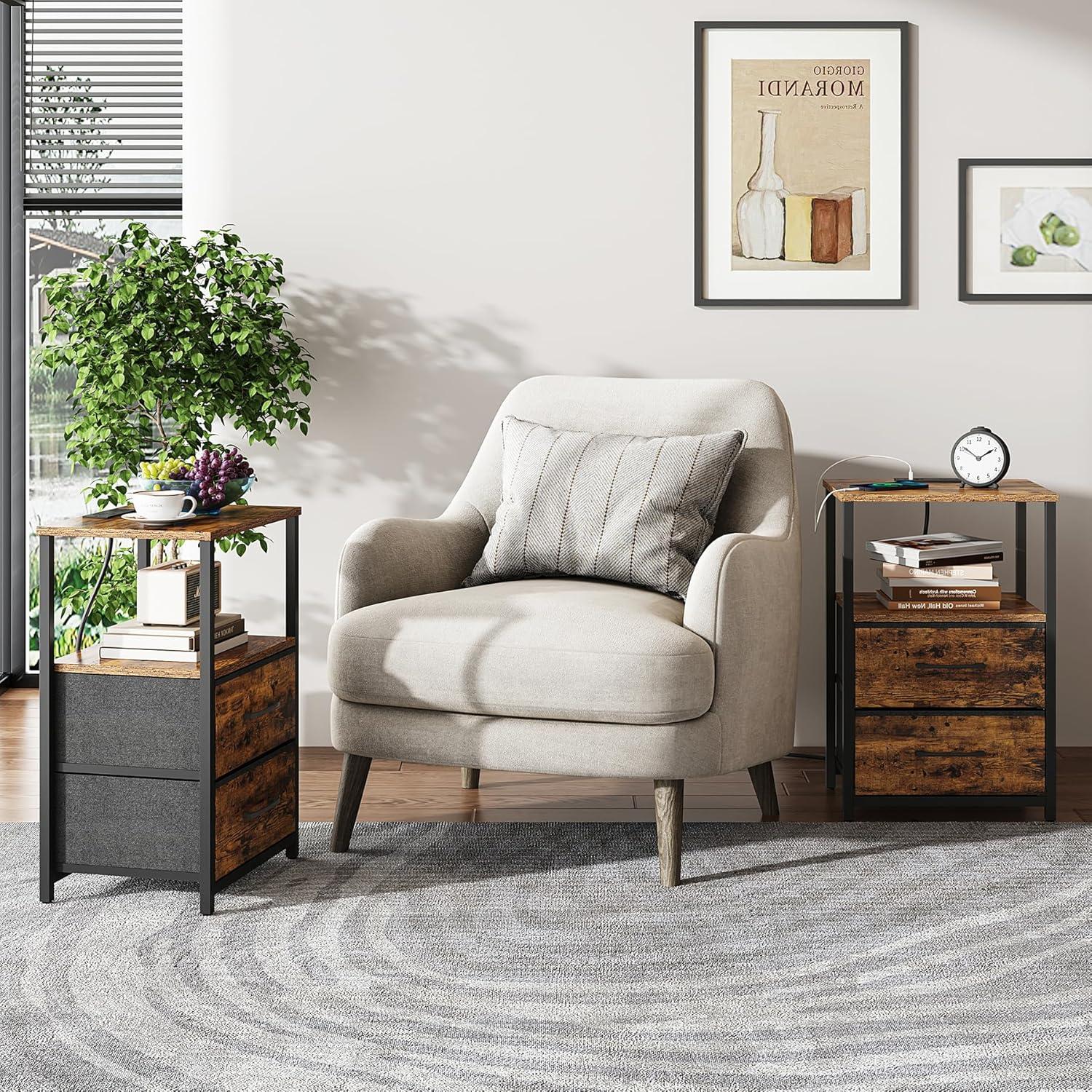 Rustic Brown Wood and Metal End Table with Storage and Charging Station