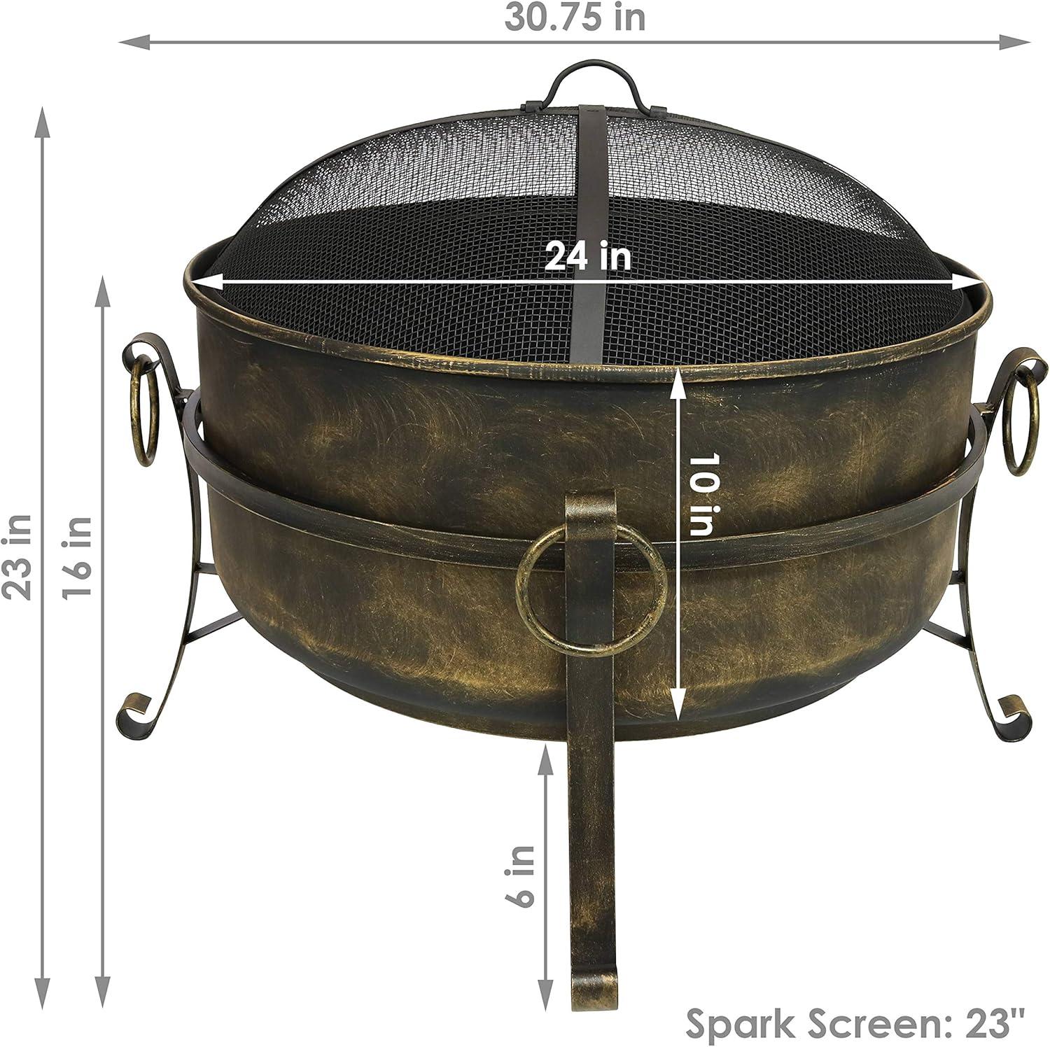 Sunnydaze Outdoor Camping or Backyard Round Cauldron Fire Pit with Spark Screen, Log Poker, and Metal Wood Grate - 24"