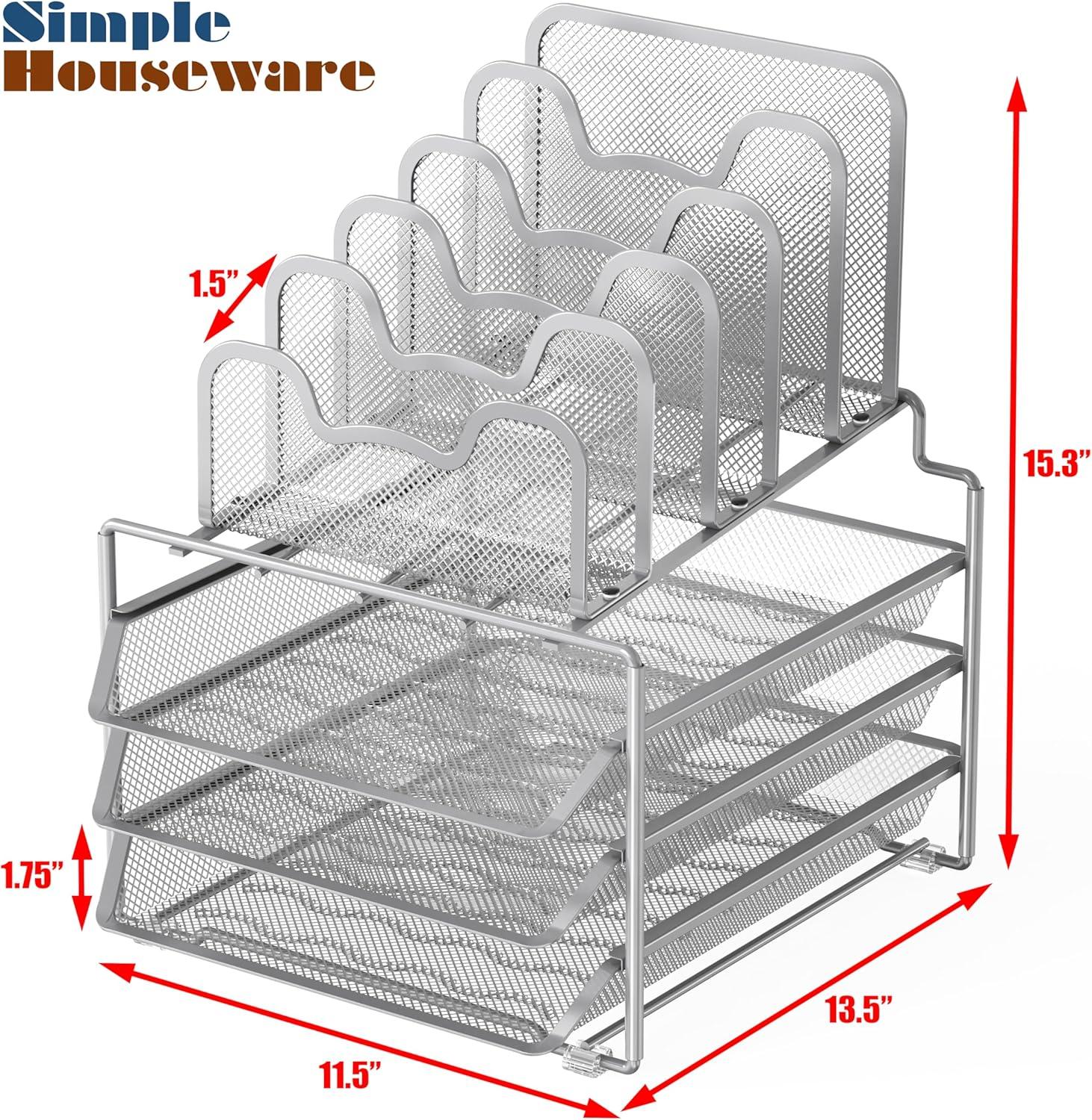 Simple Houseware Desk 3 Sliding Tray and 5 Stacking Section Organizers, Silver