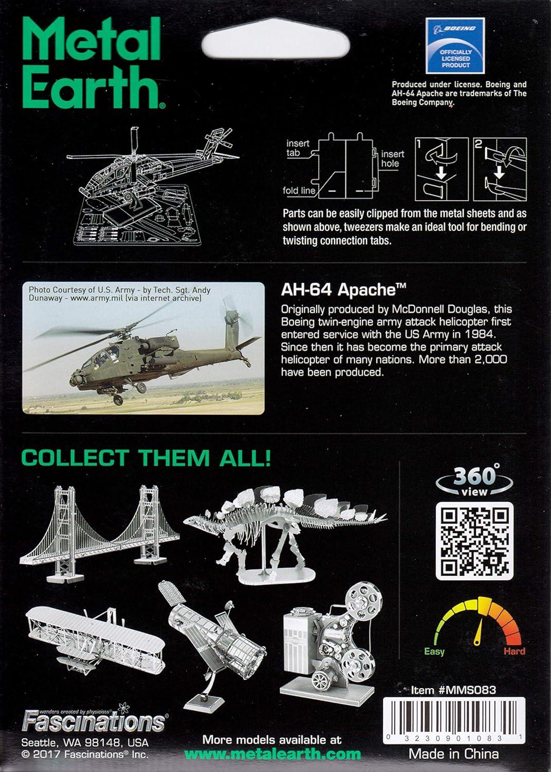 Fascinations 9009012 Metal Earth Metal 3D AH-64 Apache Airplane Model Kit, Silver