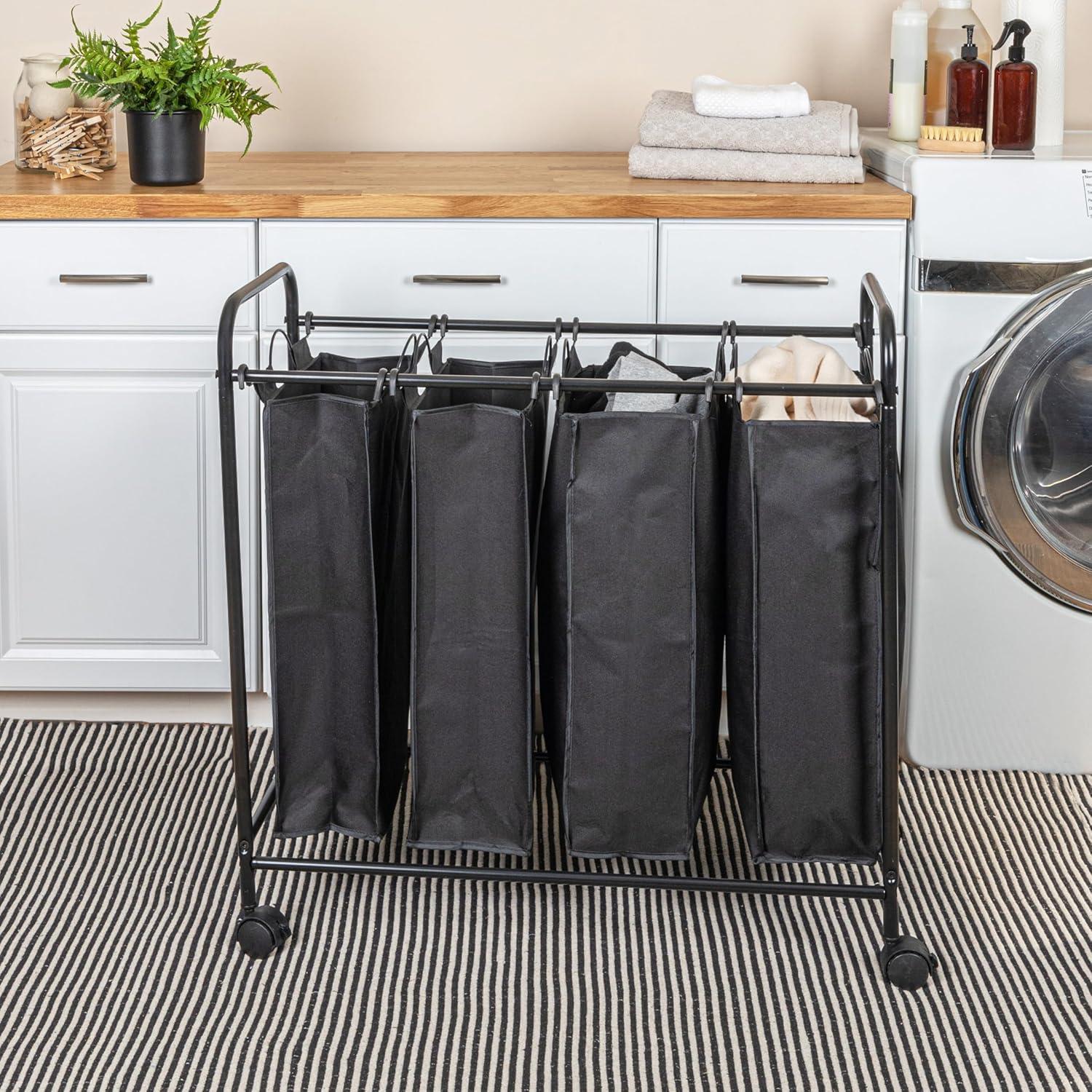 Rolling Laundry Sorter, 4 Bag Laundry Sorter Cart with Washable and Removable Bags, Black