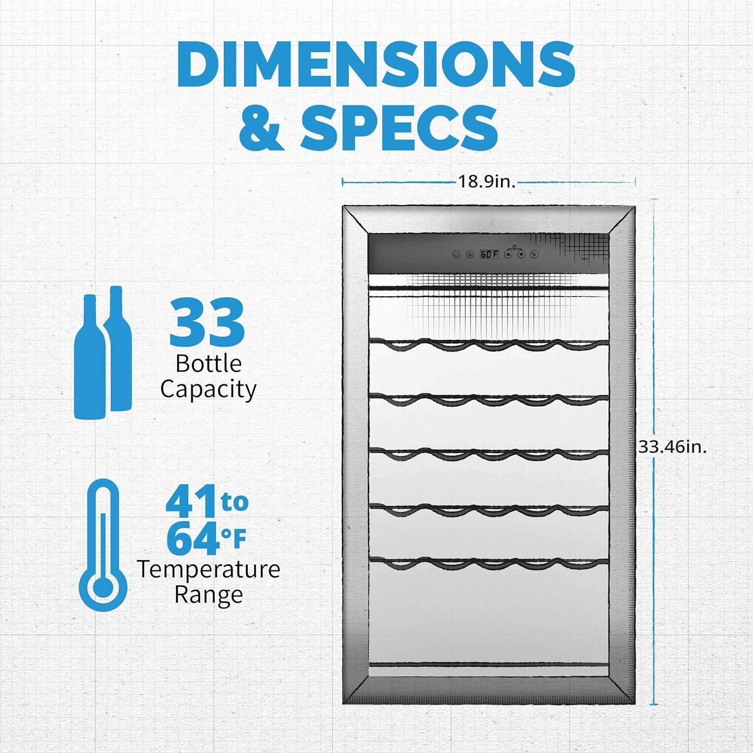 Newair Freestanding 33 Bottle Compressor Wine Fridge in Stainless Steel, Adjustable Racks