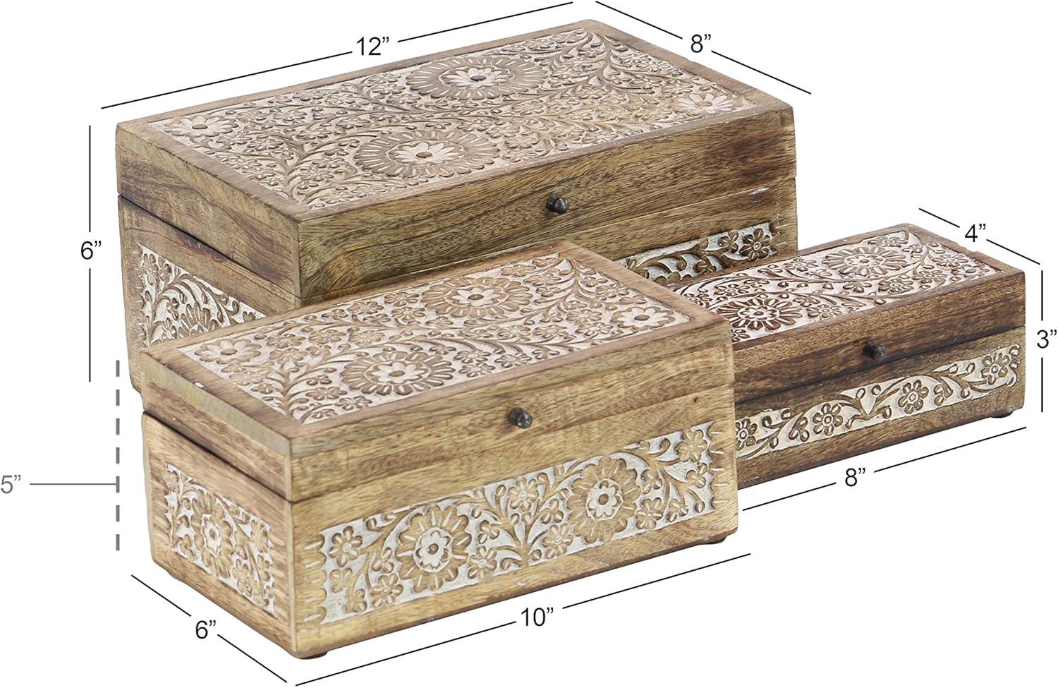 Set of 3 Mango Wood Carved Floral Boxes - Olivia & May: Coastal Style with Lids, Indoor Use, Non-Slip Base