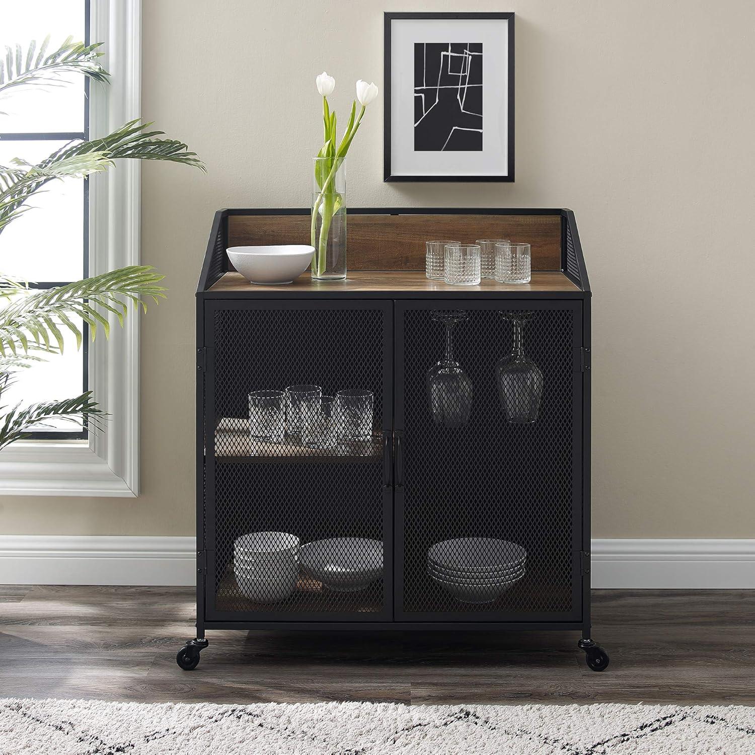 Walker Edison Industrial Bar Cabinet with Wheels, Reclaimed Barn wood