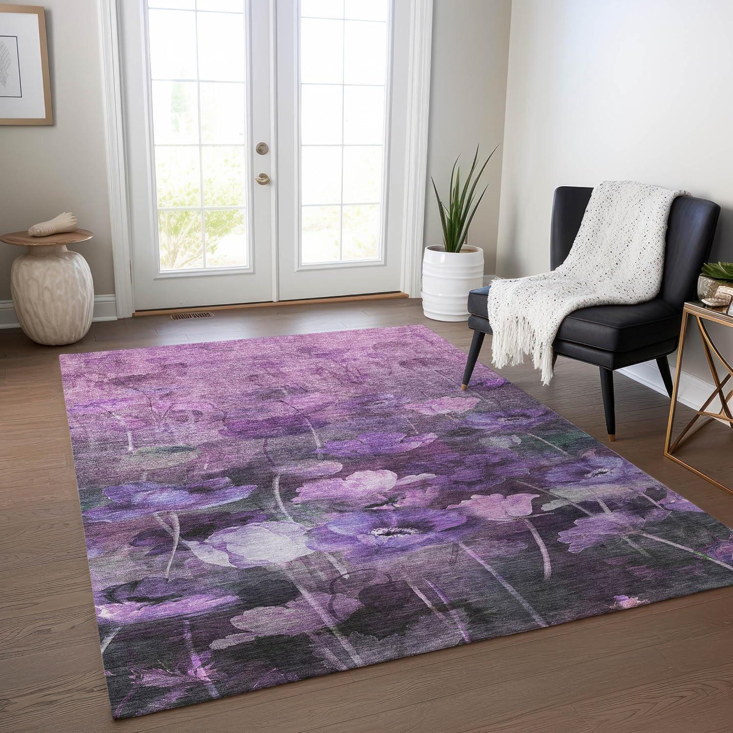 Purple Floral Synthetic Washable Rectangular Rug 3' x 5'