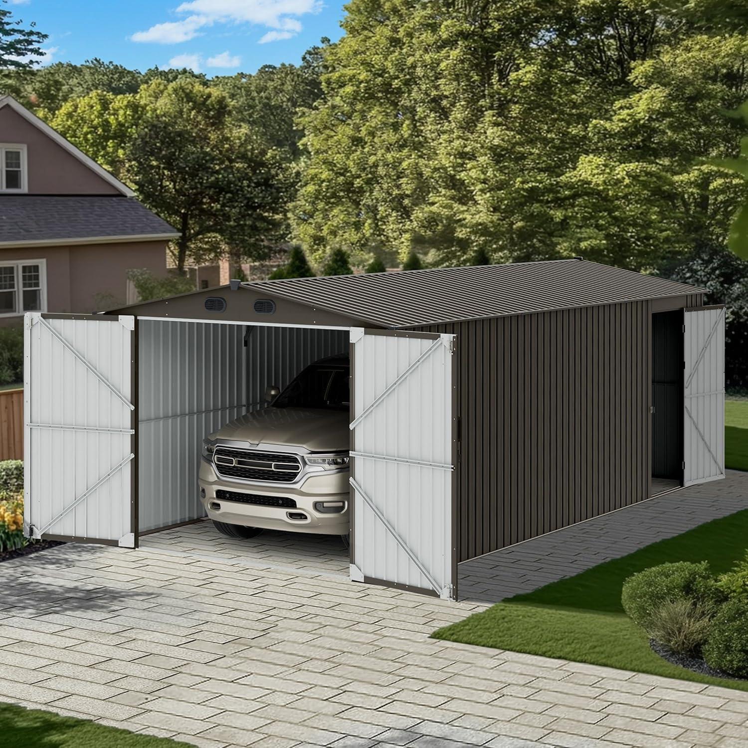Sunjoy Sunjoy Outdoor Storage Shed 10 x 20 ft. Carport, Patio Metal Utility Large Storage Shed Garage with 2 Doors and 4 Vents, for Car, Truck, Bike, Garbage Can, Tool, Lawnmower