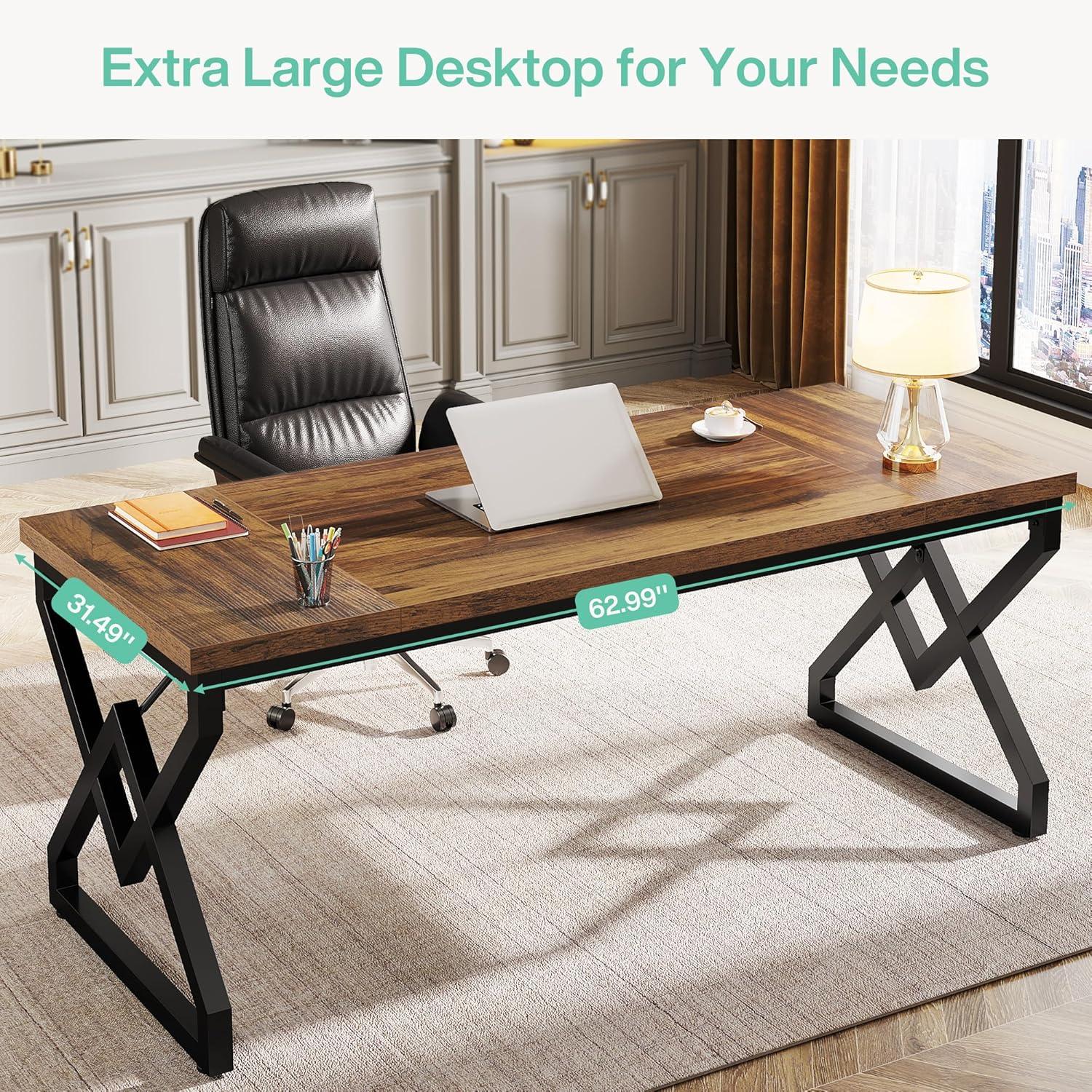 Rustic Brown 63-Inch Executive Desk with Metal Frame