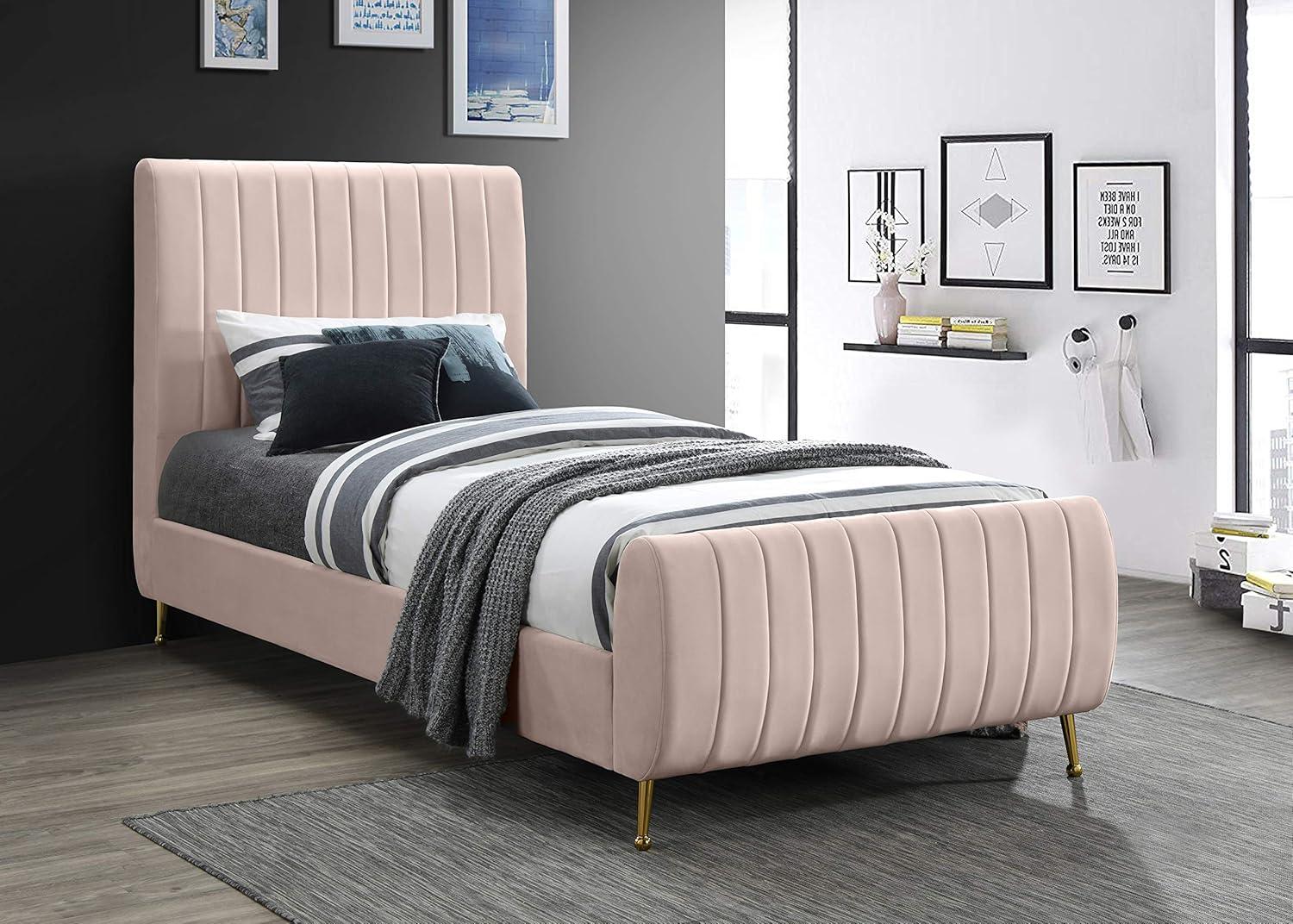 Meridian Furniture Zara Contemporary Queen Bed with Gold Legs and Slats, Pink Velvet