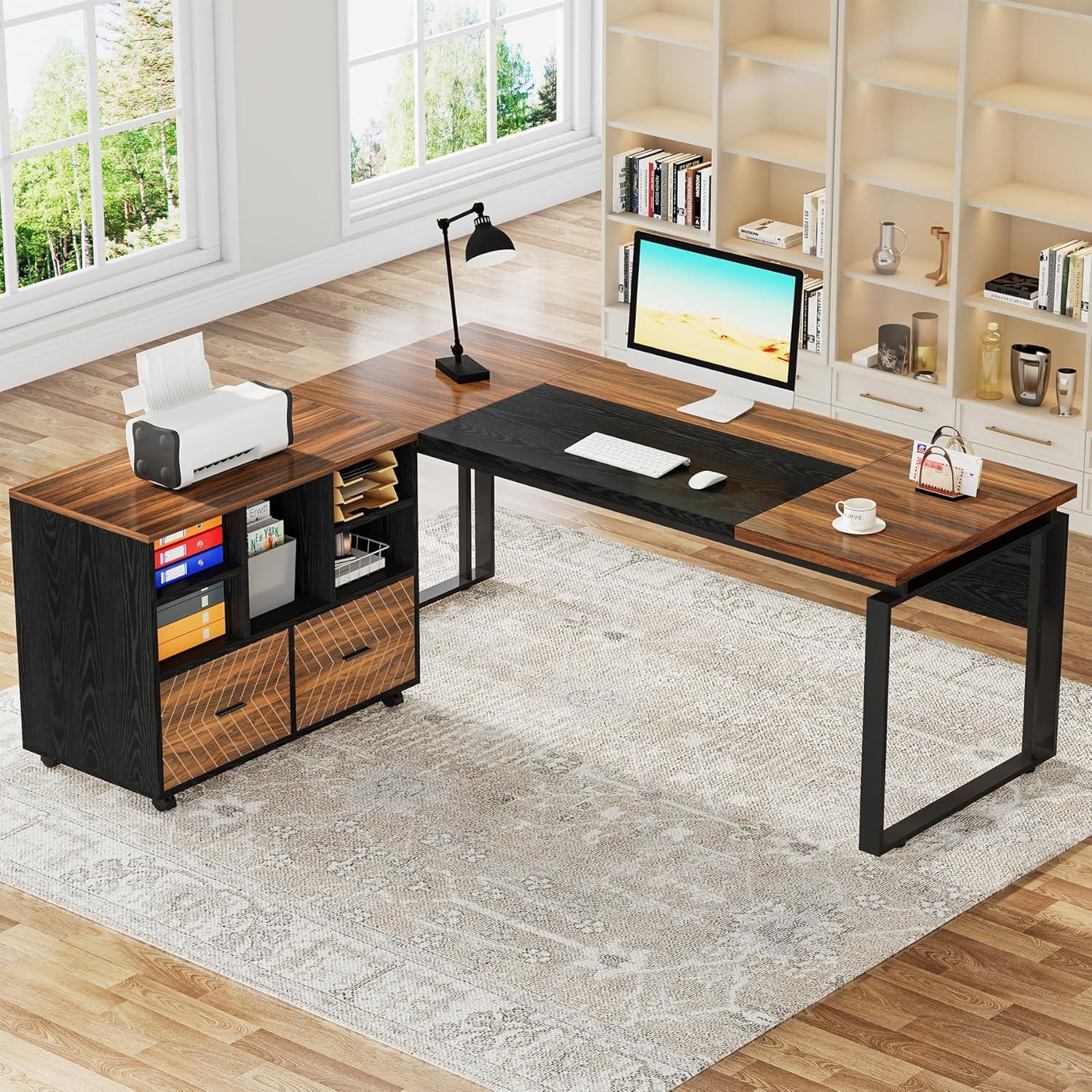 Tribesigns 63" Large Executive Desk L Shaped Computer Desk with File Storage Cabinet, Brown and Black