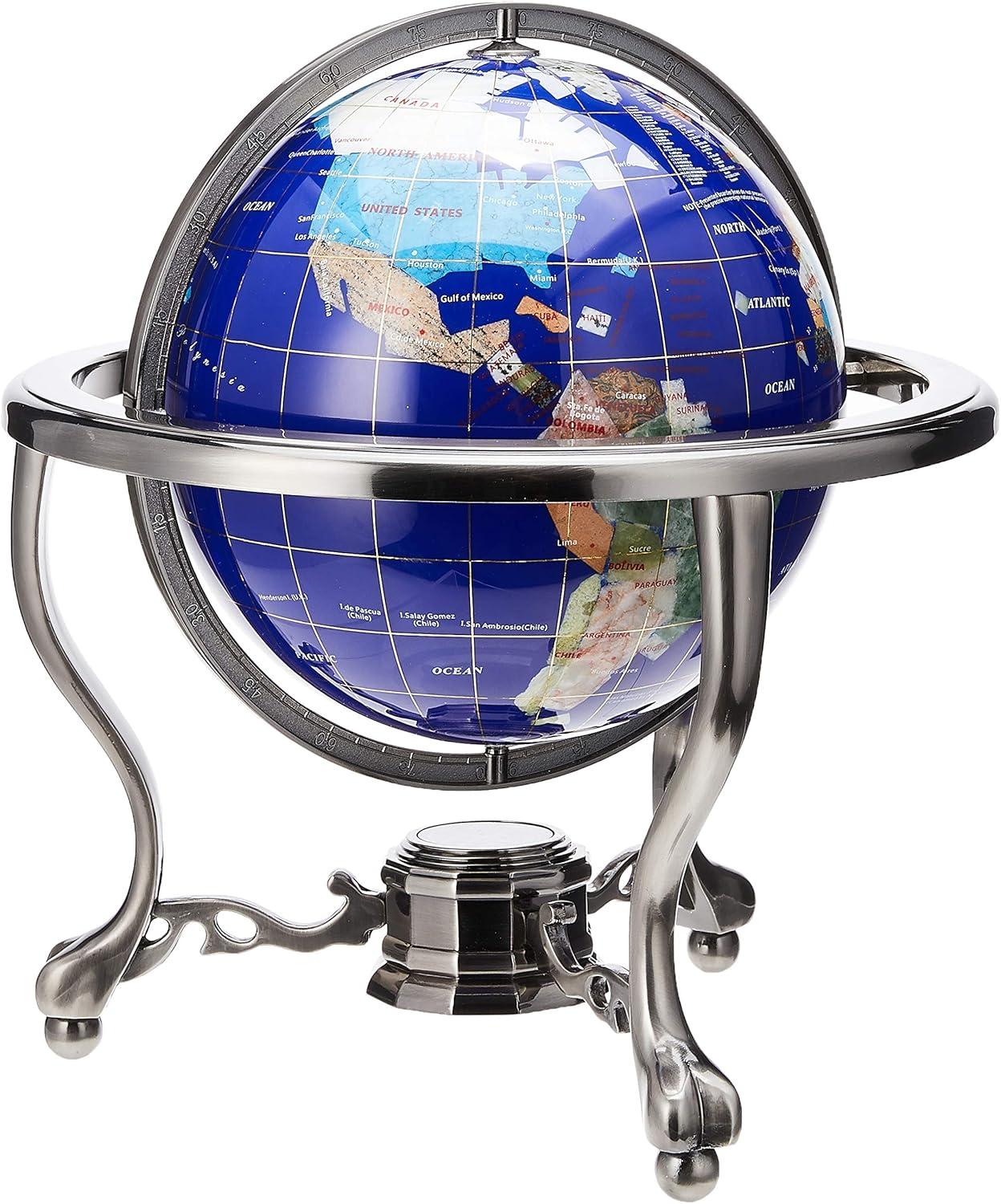 Unique Art Since 1996 Unique Art 13-Inch Tall Table Top Blue Lapis Ocean Gemstone World Globe with Silver Tripod Stand