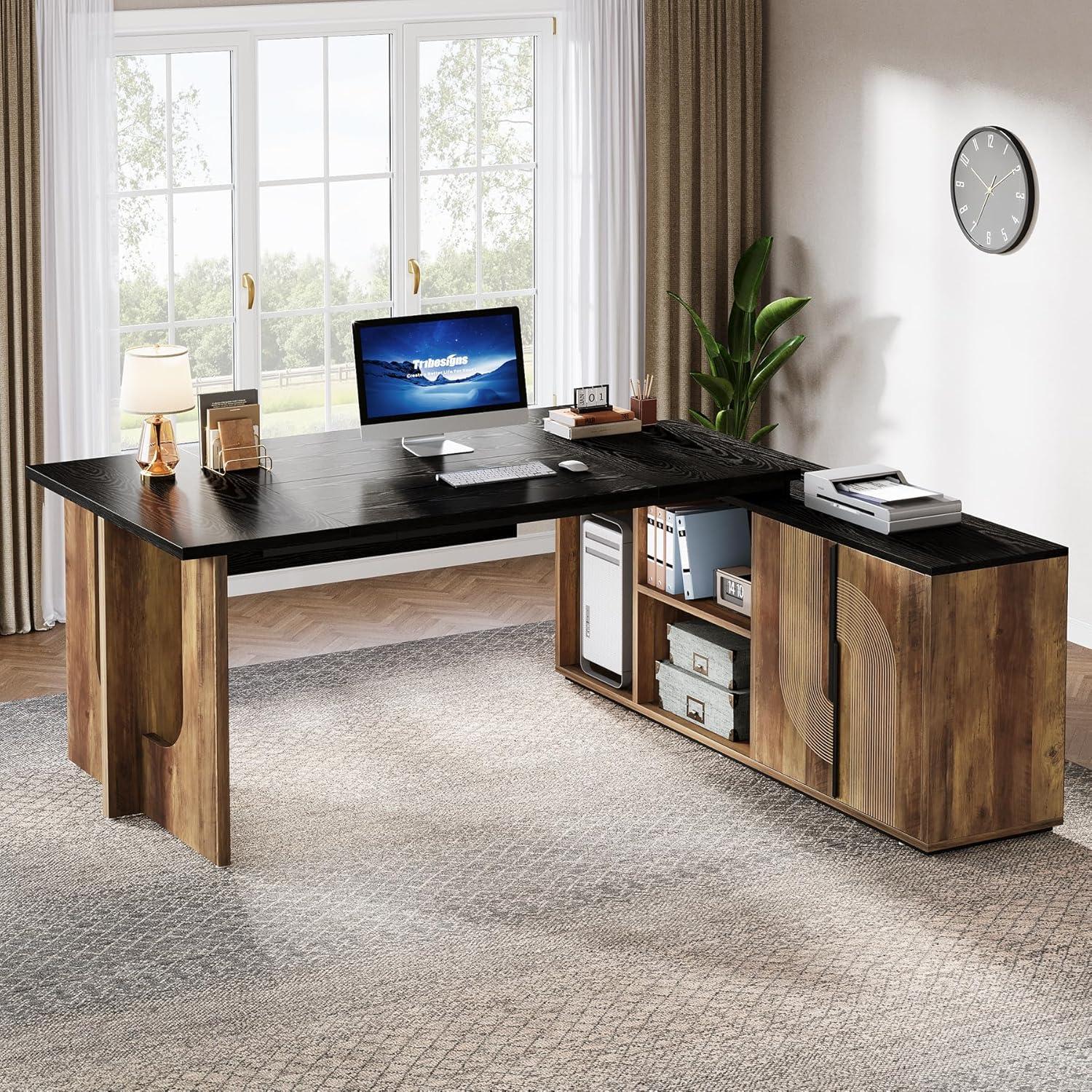 Tribesigns 74.8 Inch Executive Desk, Large Office Desk with Cabinet, L Shaped Computer Table with Shelves and CPU Storage, Modern Home Office Desks Business Furniture Workstation Set