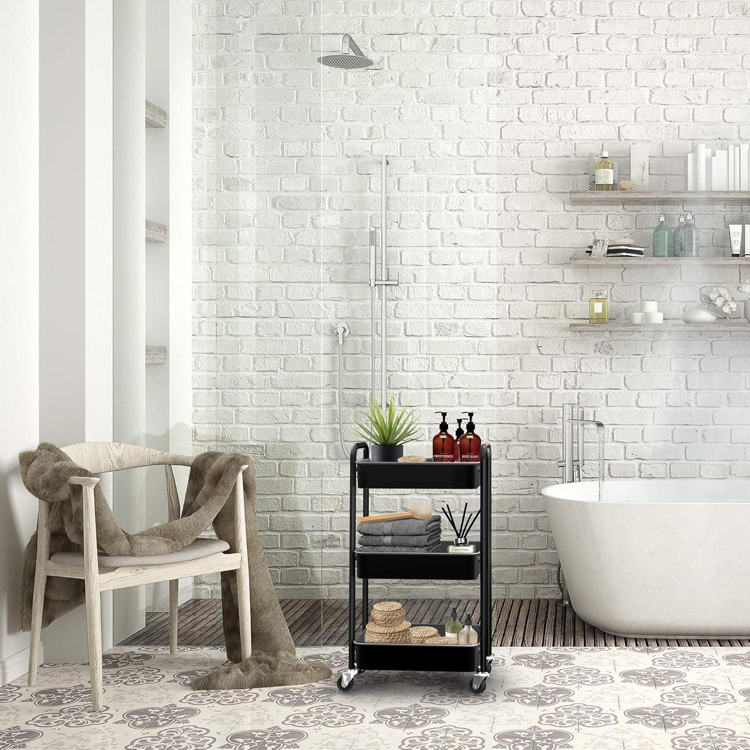 Zeki Shoggy 3-Tier Rolling Metal Storage Organizer - Mobile Utility Cart, Kitchen Cart With Caster Wheels (Black)