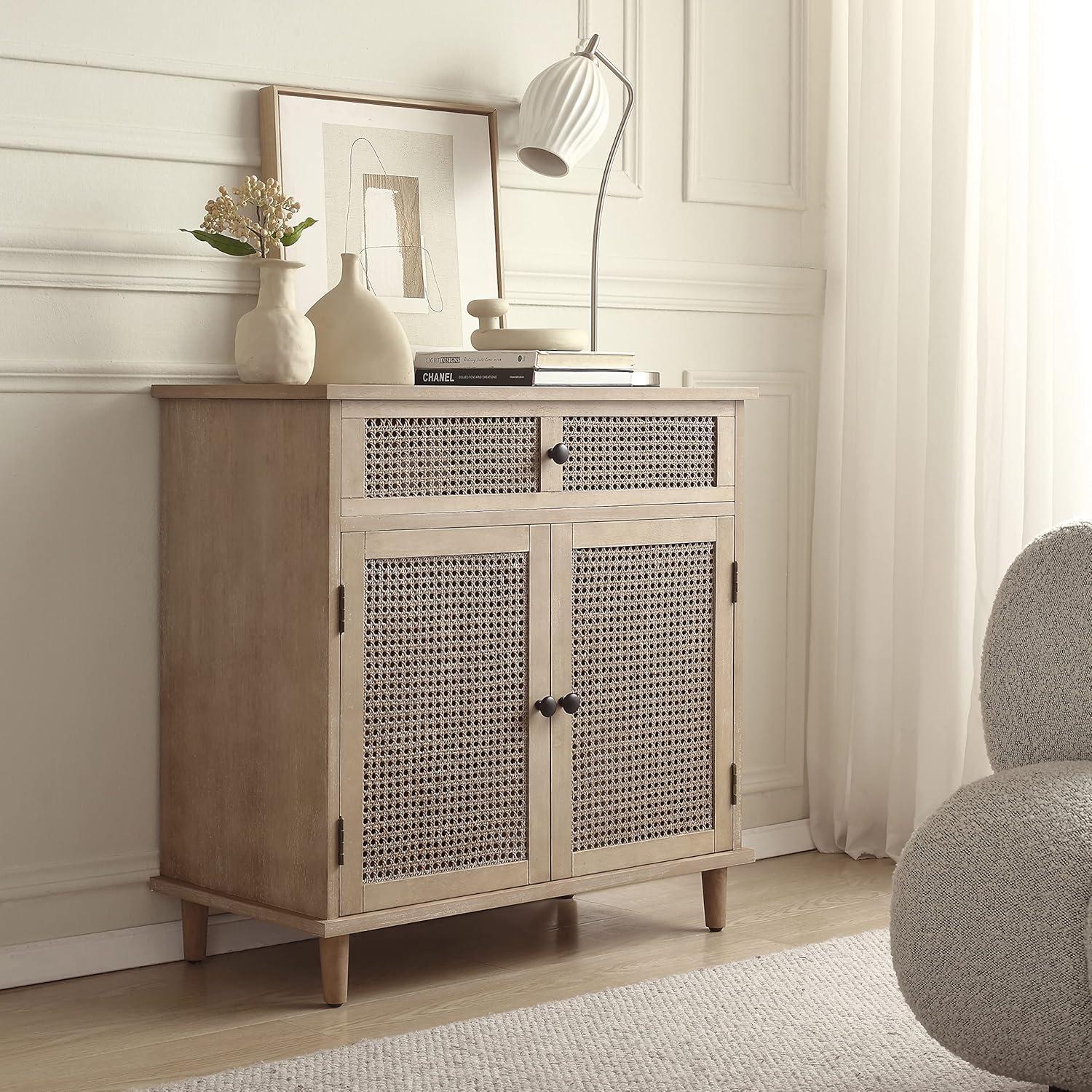 Art Leon Rustic Storage Cabinet with 2-Door&1Drawers Rattan Decoration Wood Finish,Oak Kitchen Console Table,Gray