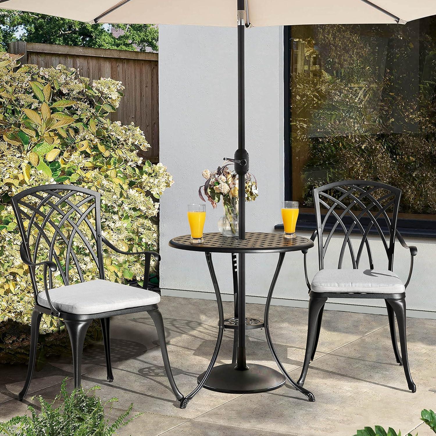 Black Cast Aluminum 3-Piece Bistro Set with Grey Cushions