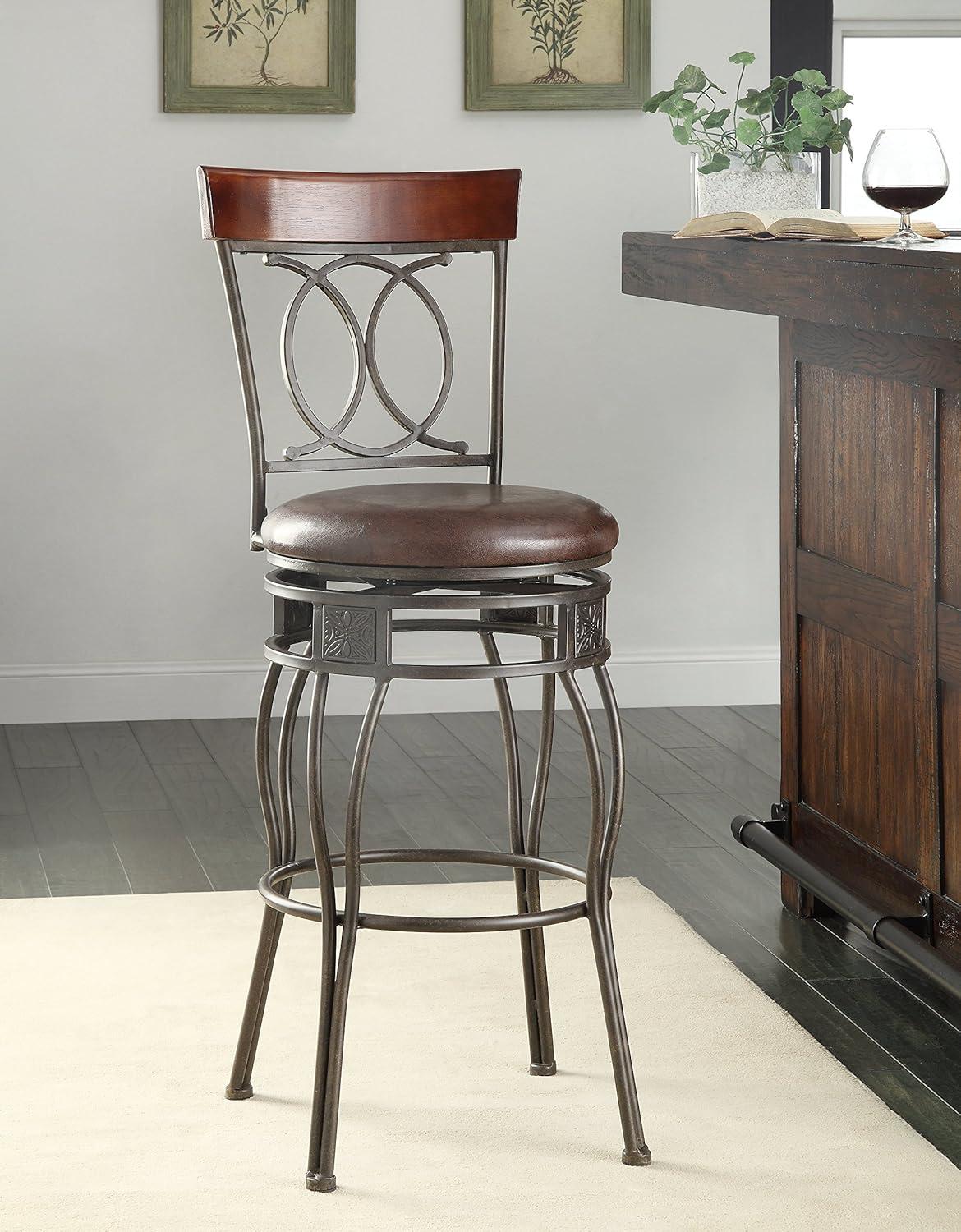 Linon O & X Back 30" Metal Swivel Faux Leather Bar Stool in Matte Bronze Finish