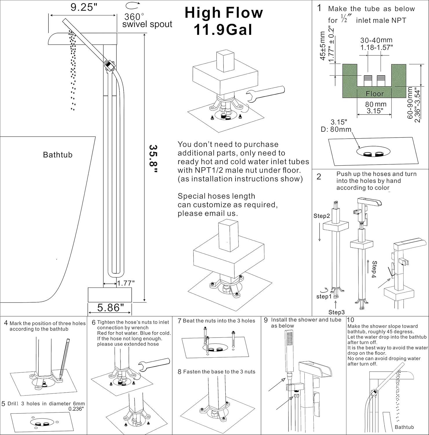 Single-Handle Floor Mount Freestanding Tub Faucet Waterfall Tub Filler with Handheld Shower in Oil Rubbed Bronze