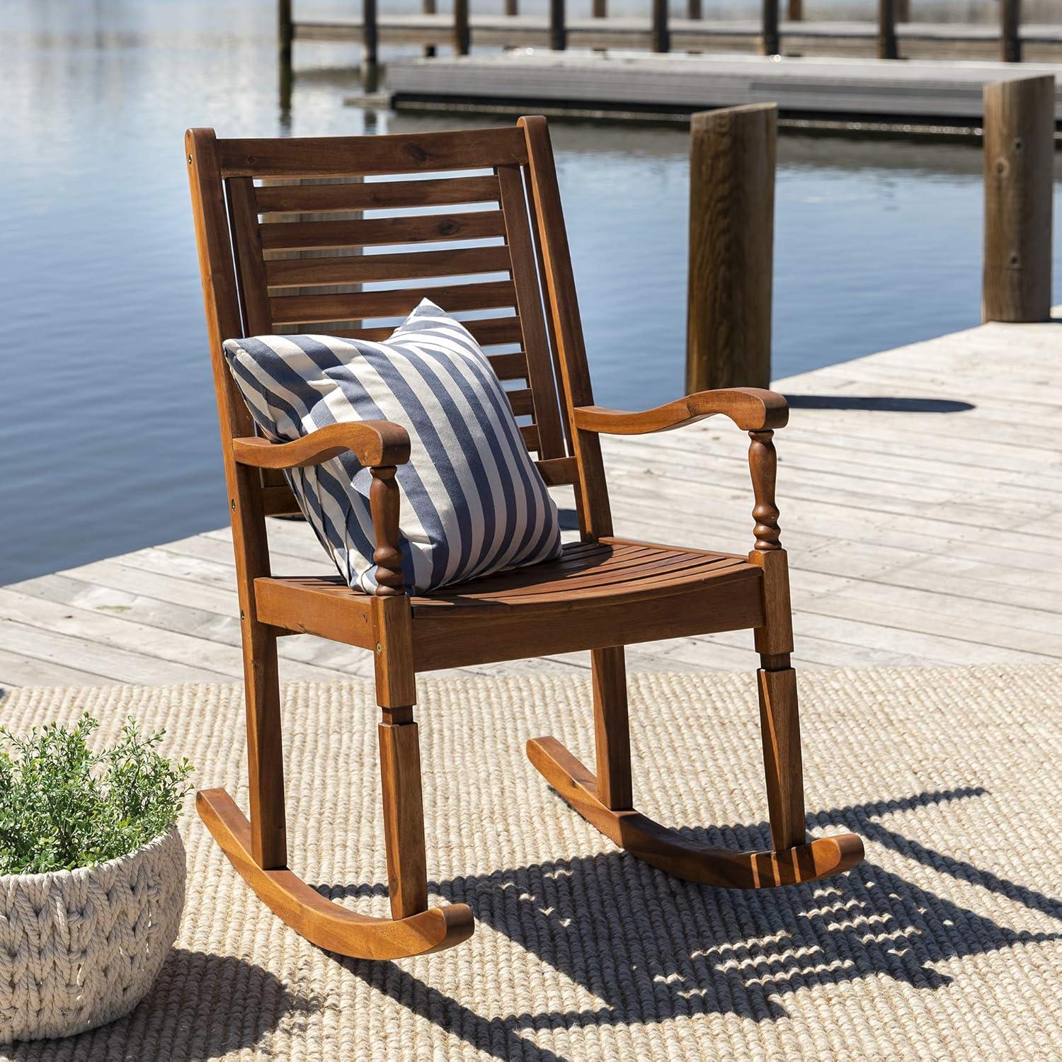 Walker Edison Solid Wood Outdoor Patio Rocking Chair, Dark Brown