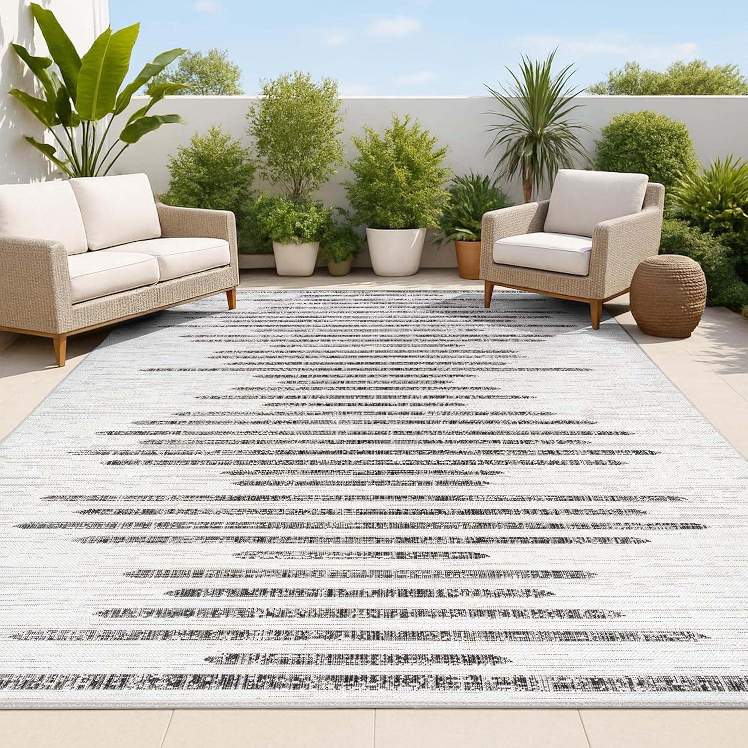 8'x10' Zolak Berber Stripe Geometric Indoor/Outdoor Area Rug, Ivory/Black - JONATHAN Y