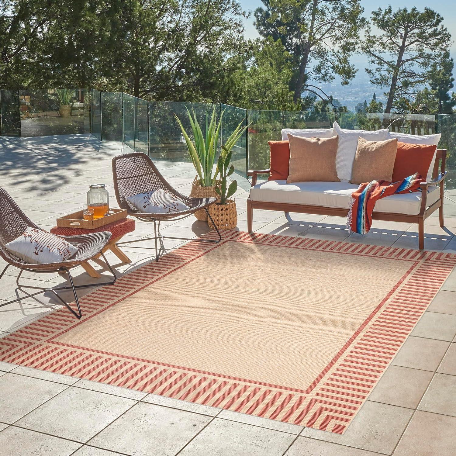 Paseo Kiano Modern Stripe Border Red Beige Polypropylene Flatweave Indoor/ Outdoor Area Rug