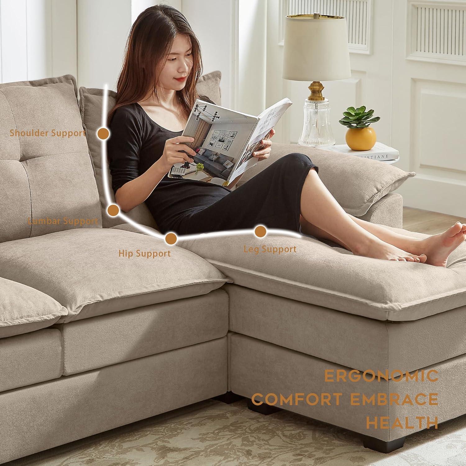 82" Convertible Sectional Sofa, L-Shaped Comfy Cloud Couch with Reversible Chaise and Padded Armrests, Modern Polyester 3 Seat Sofa Couches for Living Room (Green)