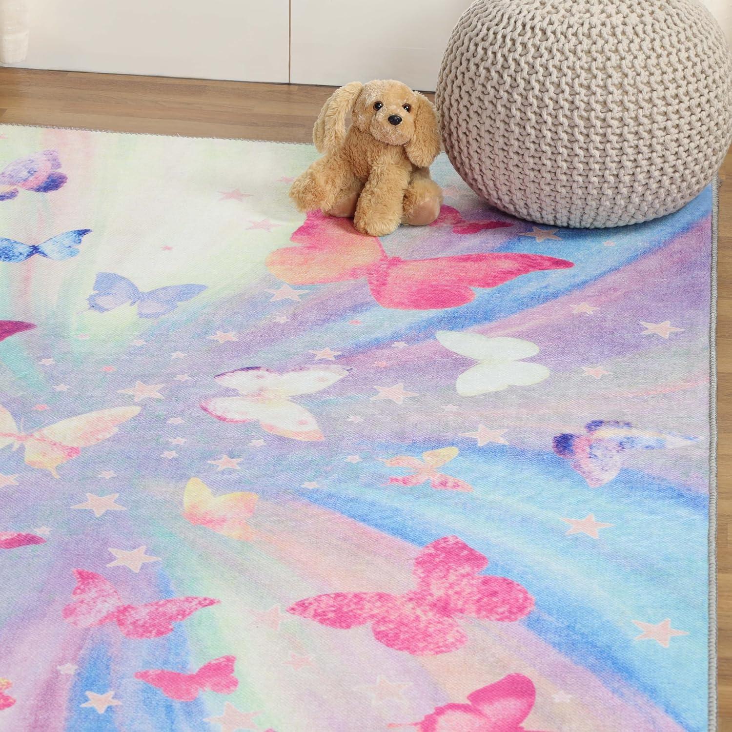 Magenta Butterfly Flat Woven Square Kids Rug