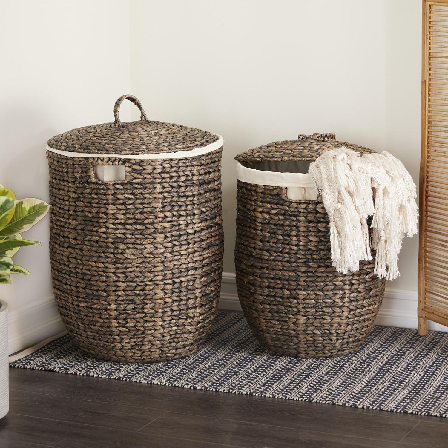 CosmoLiving by Cosmopolitan 23", 24"H Dark Brown Seagrass Handmade Storage Basket with Liner and Matching Tops, 2-Pieces