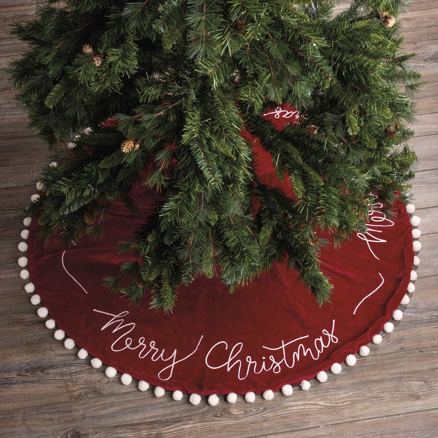 Christmas 50.0" Merry Christmas Tree Skirt Red Velour Pom Poms Stitching Primitives By Kathy  -  Tree Skirts