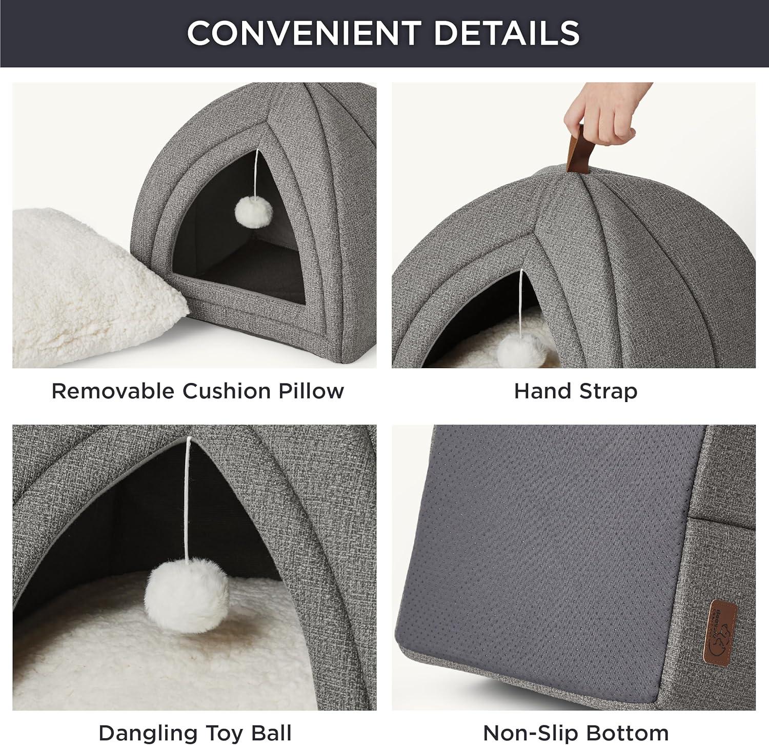 Bedsure Cat Beds for Indoor - 2 in 1 Cat Cave House Tent for Kittens and Small Pets with Removable Washable Cushioned Pillow, Foldable Kitten Hideaway with Non-Slip Bottom, Grey, 16 inches