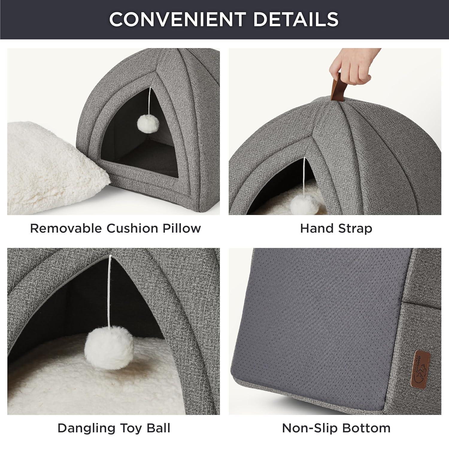 Bedsure Cat Beds for Indoor - 2 in 1 Cat Cave House Tent for Kittens and Small Pets with Removable Washable Cushioned Pillow, Foldable Kitten Hideaway with Non-Slip Bottom, Grey, 16 inches