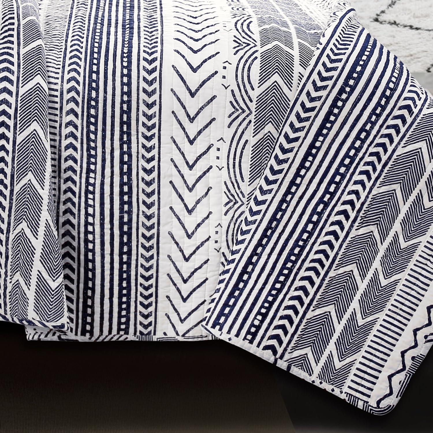 Lush Décor 3pc King Hygge Geo Reversible Quilt & Sham Set Navy/White: STANDARD 100 OEKO-TEX Certified