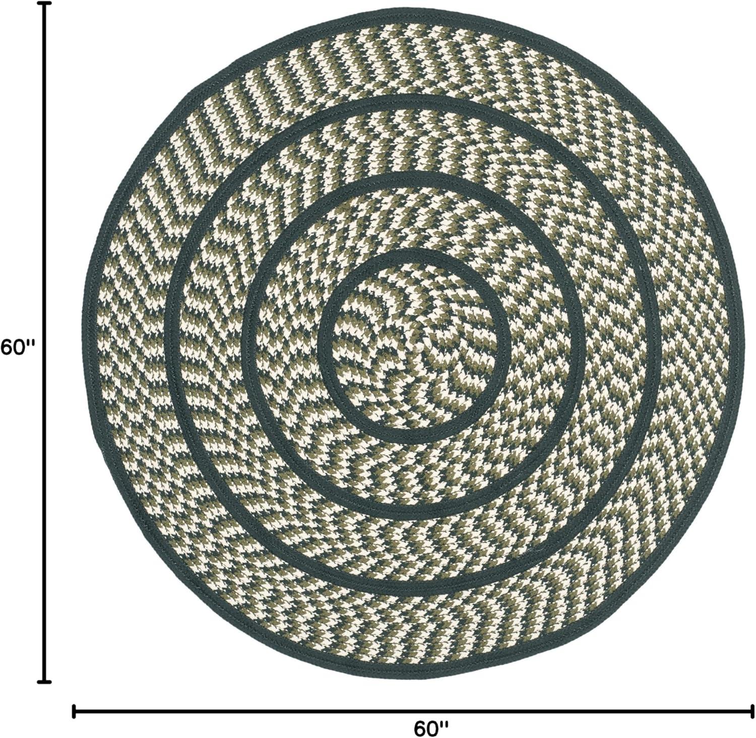 Ivory and Dark Green Braided 59'' Round Synthetic Area Rug