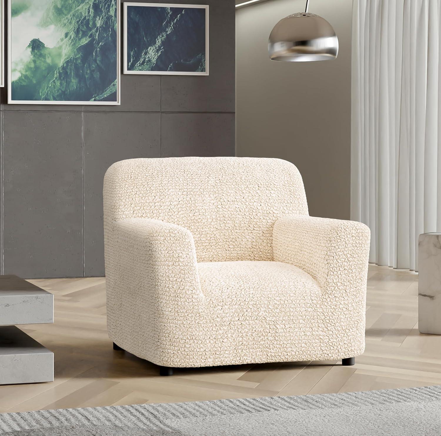 Cream Stretch Polyester Armchair Slipcover with Elastic Closure