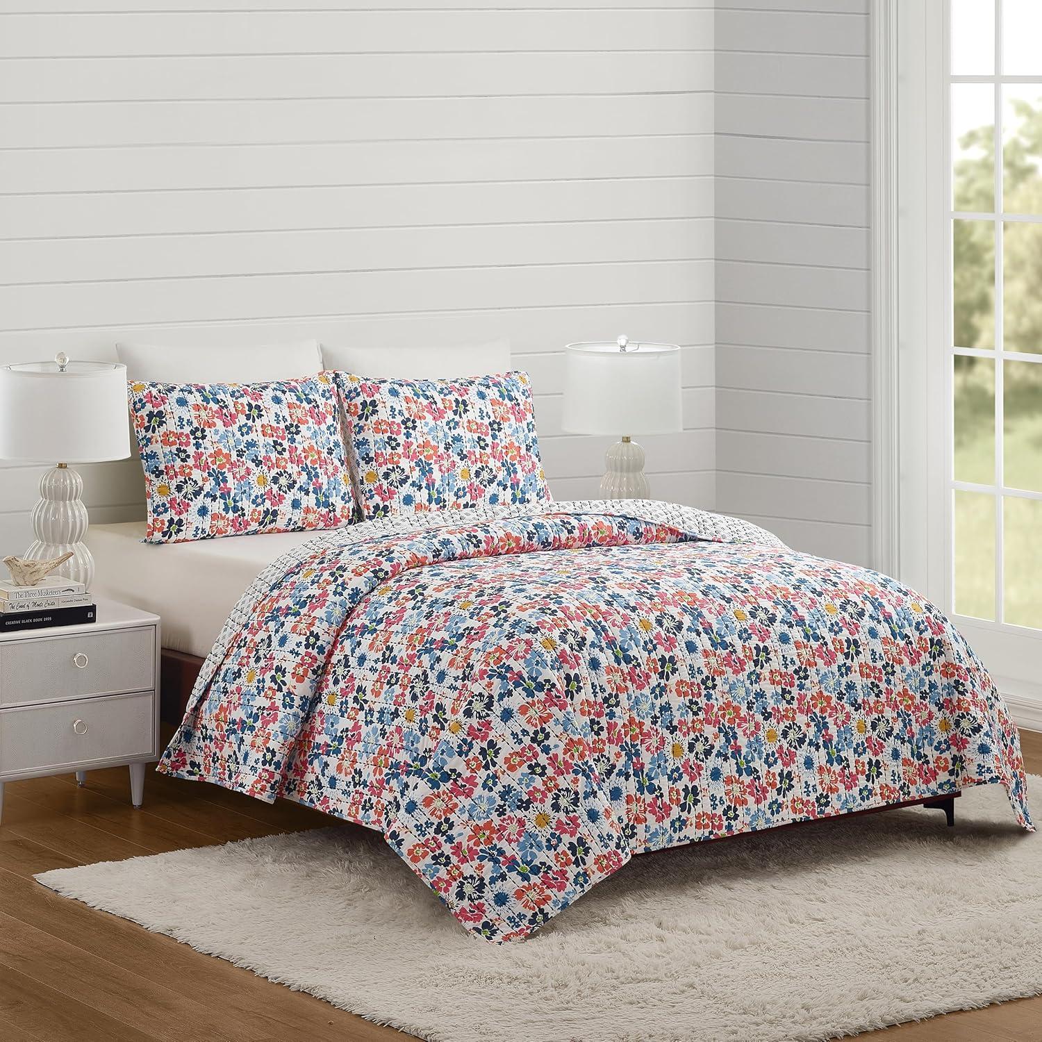 Modern Heirloom Lavender Florals 100% Cotton Reversible Boho Coverlet/Quilt Set
