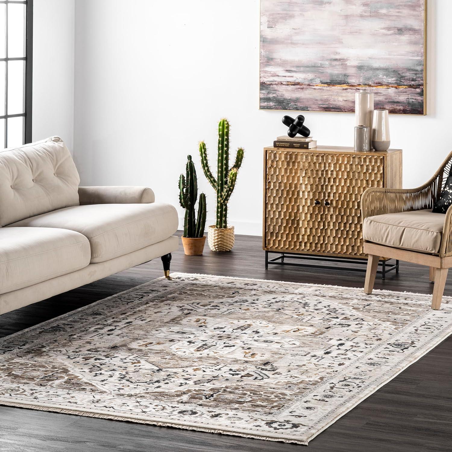 Beige Medallion 4' x 6' Synthetic Easy Care Area Rug