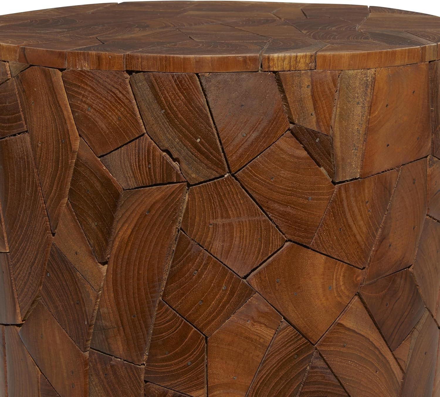 DecMode 12" x 17" Brown Teak Wood Handmade Accent Table with Mosaic Wood Chip Design, 1-Piece