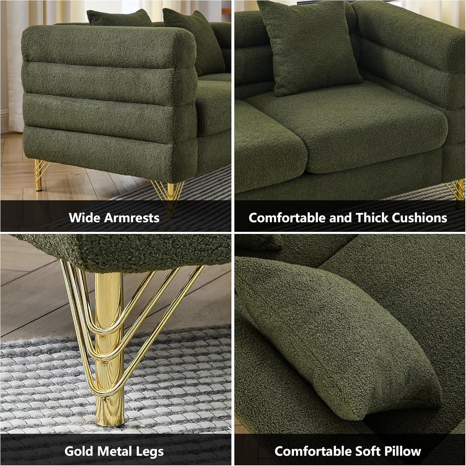 81.5" Oversized L-Shaped Sectional Sofa, Upholstered Teddy Fabric Corner Sofa with 3 Pillow, 5-Seater Corner Sofas with Padded Cushions, Indoor Modular Sofa for Living Room, Bedroom, Office, Green