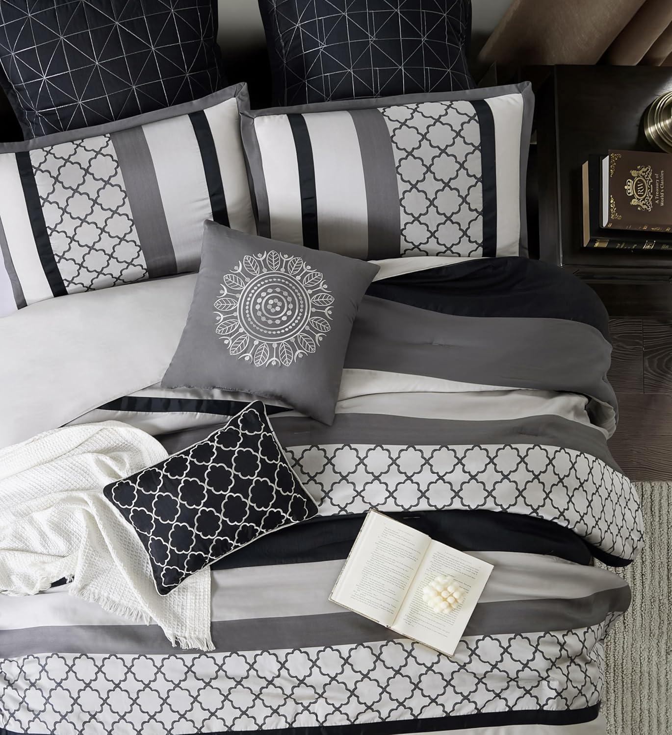 Nanshing Avalon 8 Piece Trellis Moroccan Print Comforter Set, Black/Grey, King