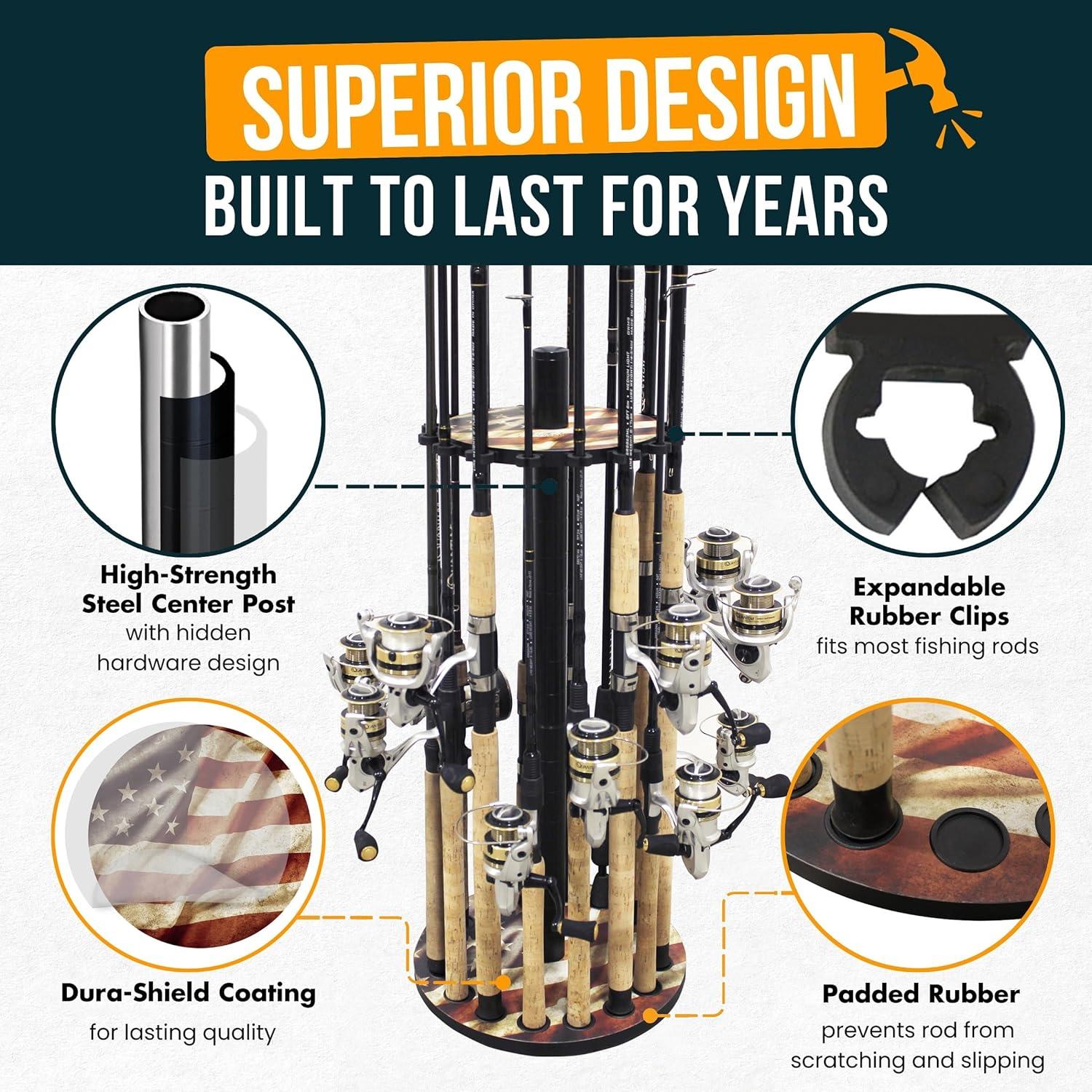 Rush Creek Creations 16 Round Fishing Rod/Pole Storage Floor Rack Americana Finish - Features Heavy Duty Steel Post - No Tool Assembly